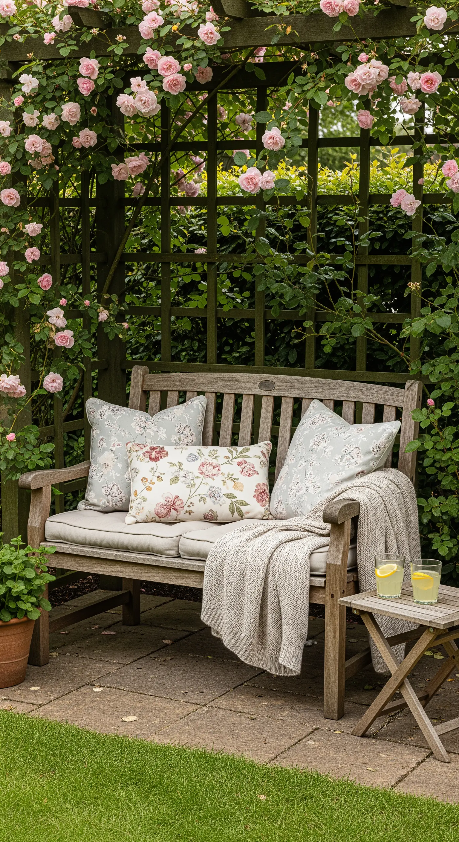 Holzbank mit beigen Polstern und floralen Kissen, umrahmt von rosa Kletterrosen an einem Spalier.