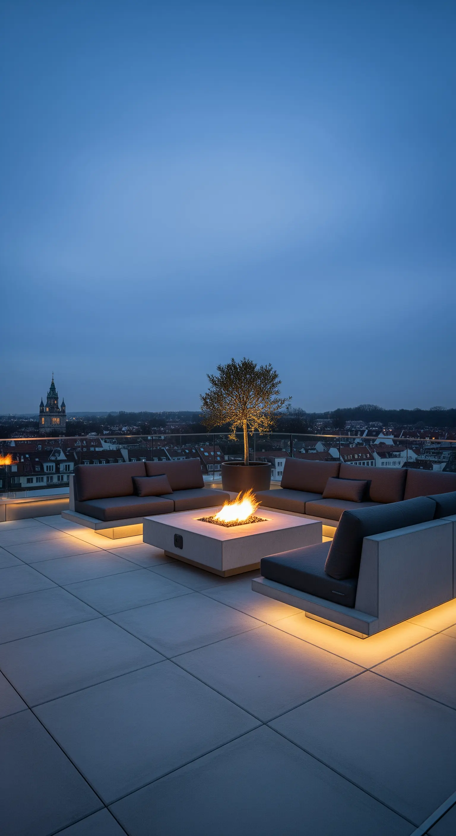 Dachterrasse mit modernen Loungemöbeln, einer Feuerstelle und indirekter Beleuchtung.