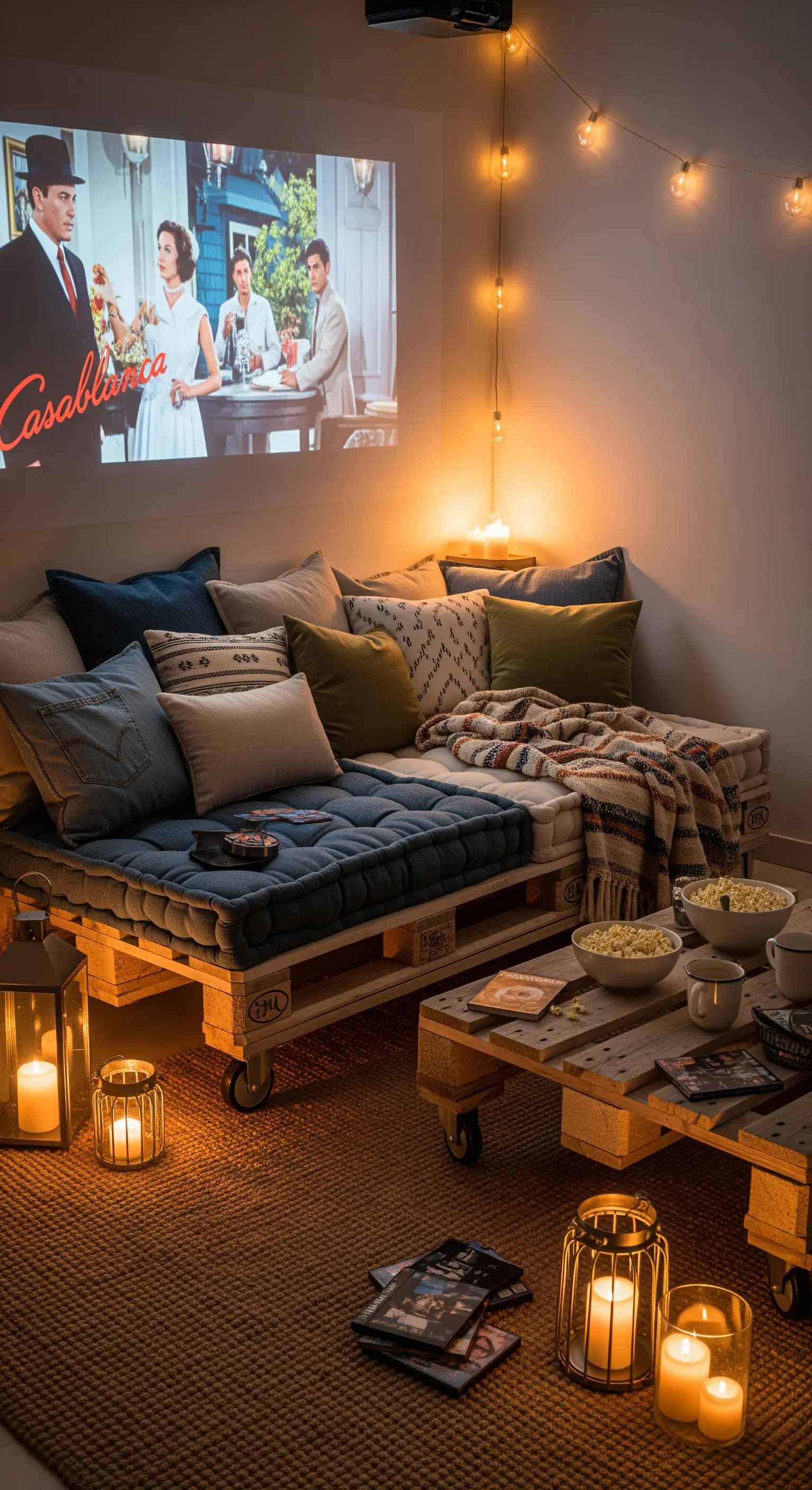 Palettensofa mit vielen Kissen, Projektorbild an der Wand und Bodenlaternen