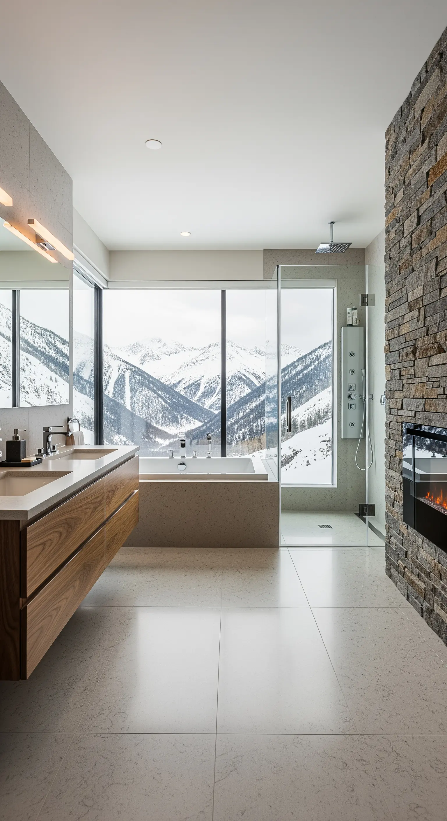 Badezimmer mit Kamin, Steinwand und riesigem Fenster mit Blick auf verschneite Berge