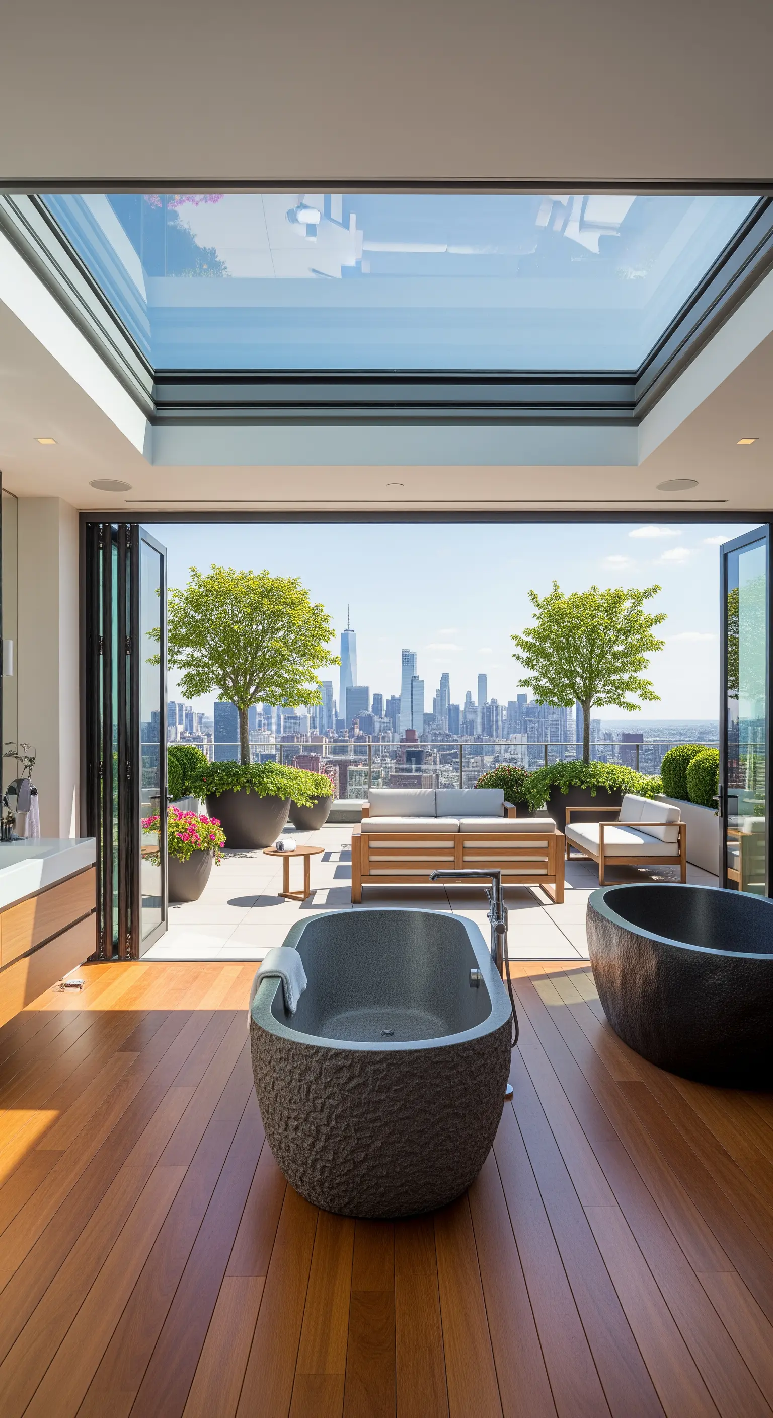 Luxuriöses Badezimmer mit Glasdach und offener Terrasse mit Blick auf eine Skyline.