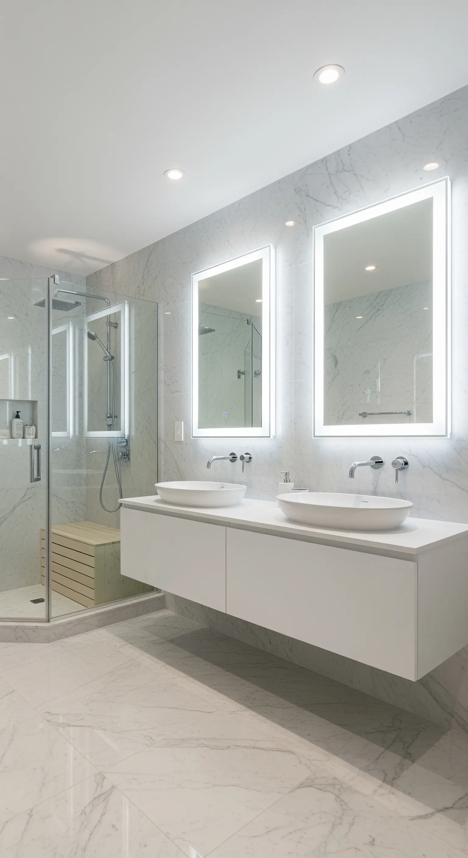 Modernes Badezimmer mit Doppelwaschtisch und zwei großen, hinterleuchteten Spiegeln.