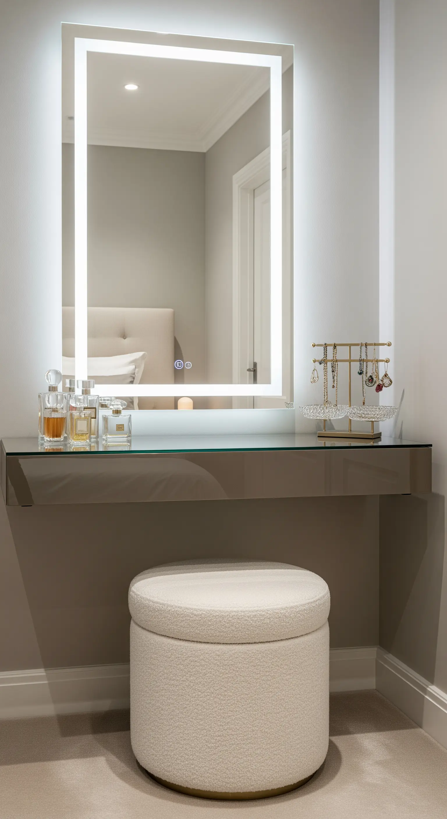 Moderner Schminkplatz mit einem großen, rechteckigen LED-Spiegel und einer Glasablage.