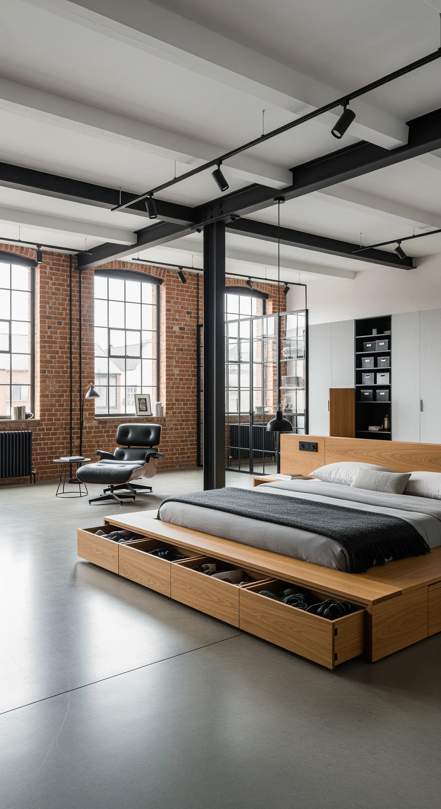 Industrial-Loft mit einem Podest-Bett aus Holz, das zahlreiche Schubladen integriert.