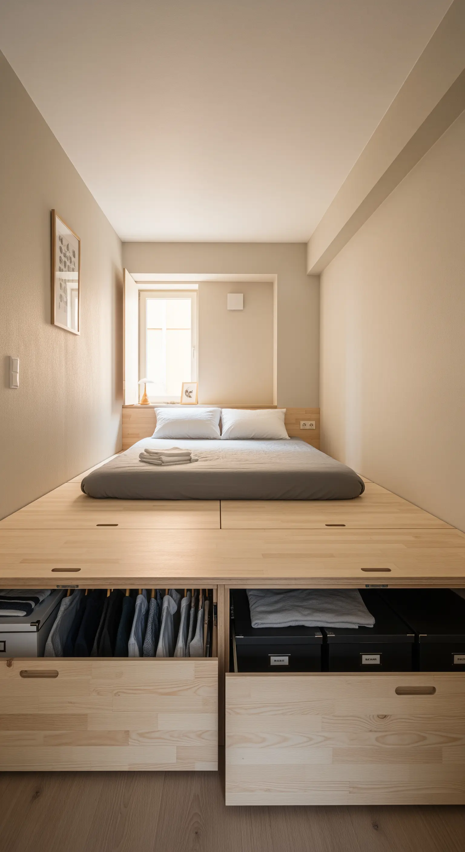 Schlafzimmer mit einem Bett auf einem Holzpodest, das große Schubladen für Kleidung enthält.