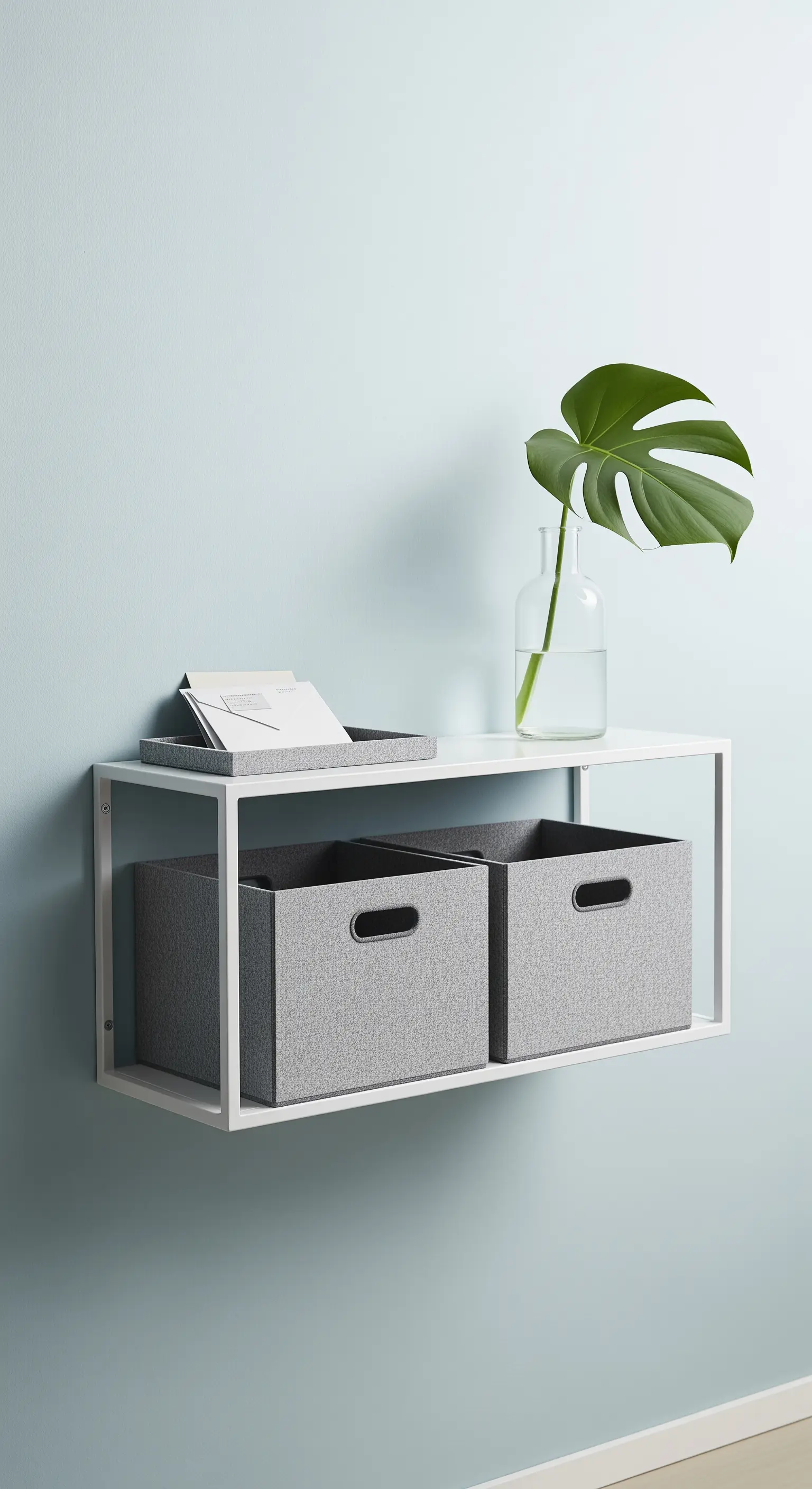 Wandregal mit grauen Stoffboxen zur Organisation von Accessoires