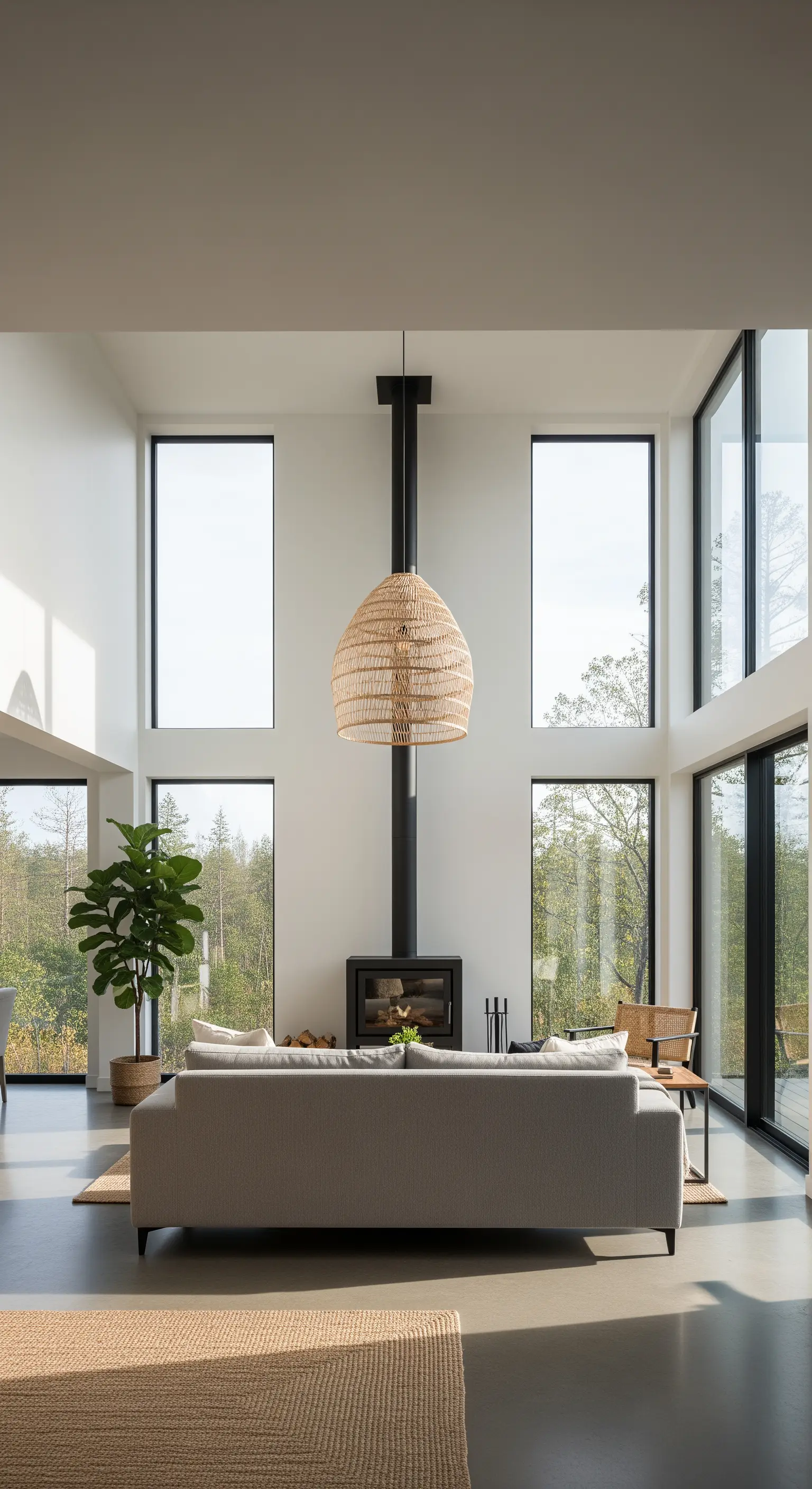 Wohnzimmer mit hoher Decke und großer Korblampe als zentrales Deko-Element.