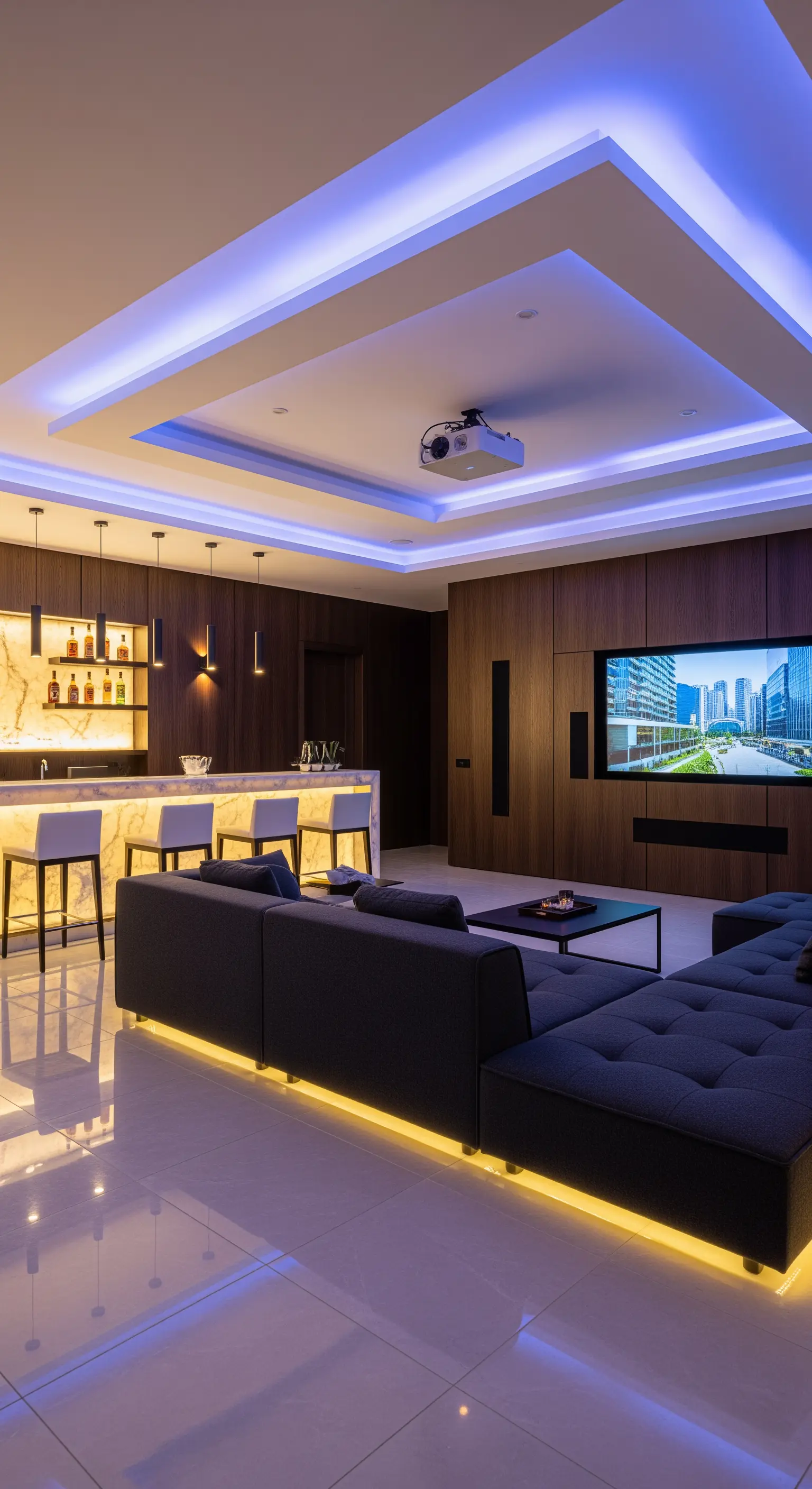 Heimkino mit großem Sofa, indirekter blauer und gelber LED-Beleuchtung und einer Marmorbar.