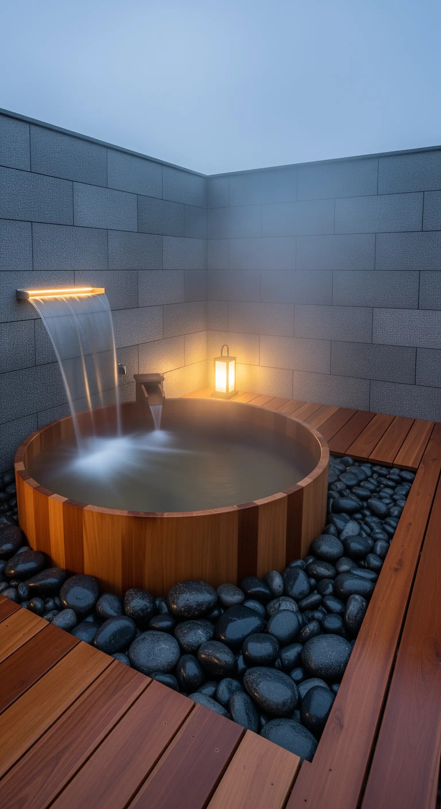 Runder Holzbadezuber (Onsen) mit beleuchtetem Wasserfall, umgeben von schwarzen Kieseln und Holzdeck.