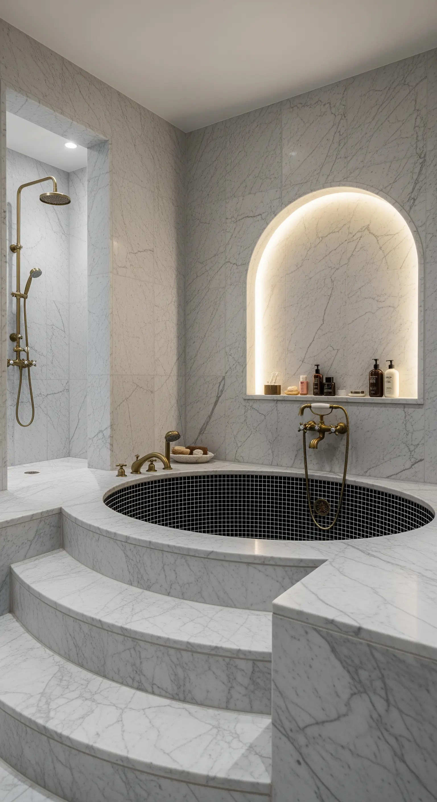 Badezimmer mit Marmorstufen, die zu einer runden, eingelassenen Mosaik-Badewanne führen.