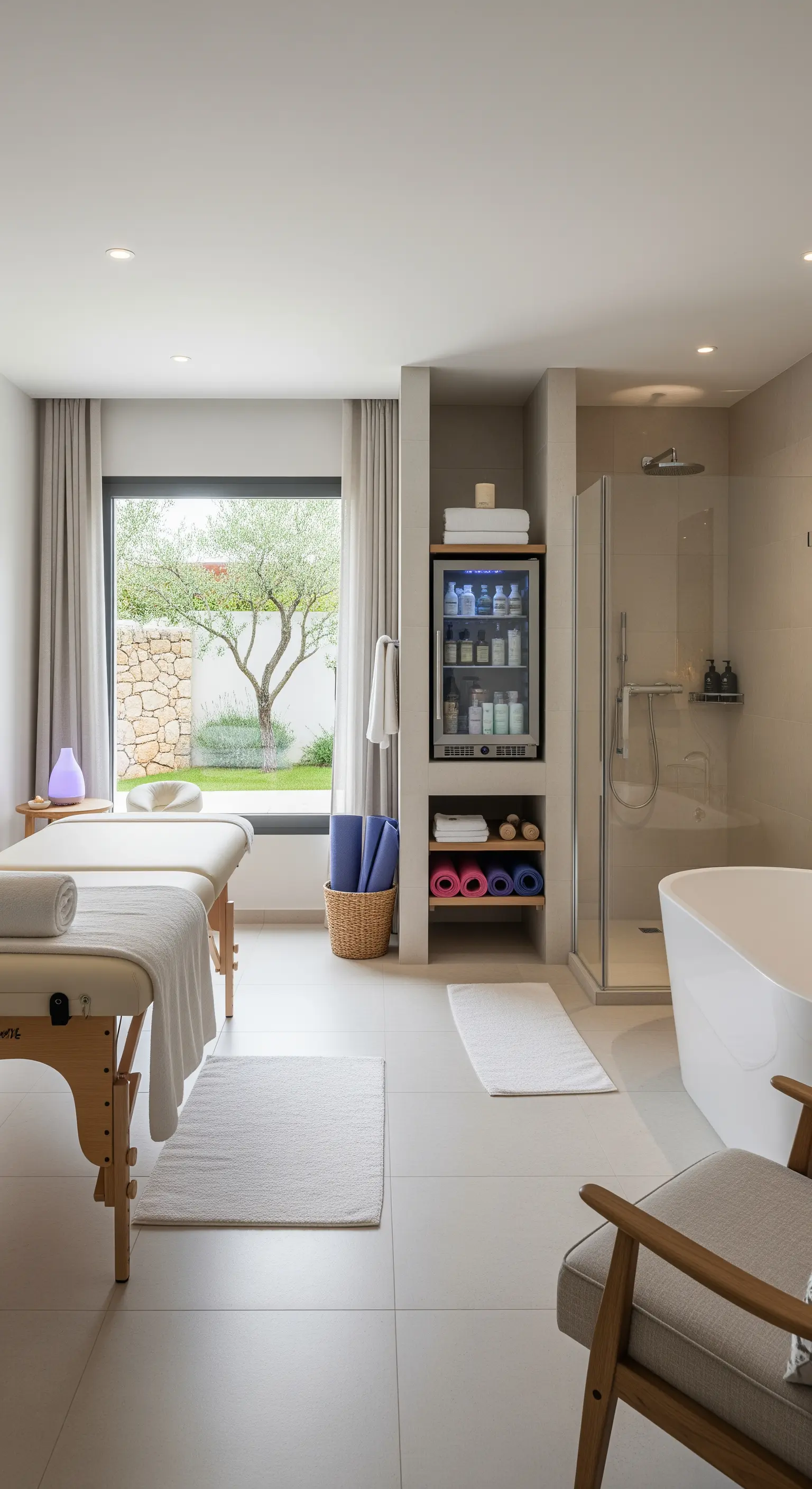 Heller Wellness-Raum mit Massageliegen, integriertem Kühlschrank für Kosmetik und offener Dusche