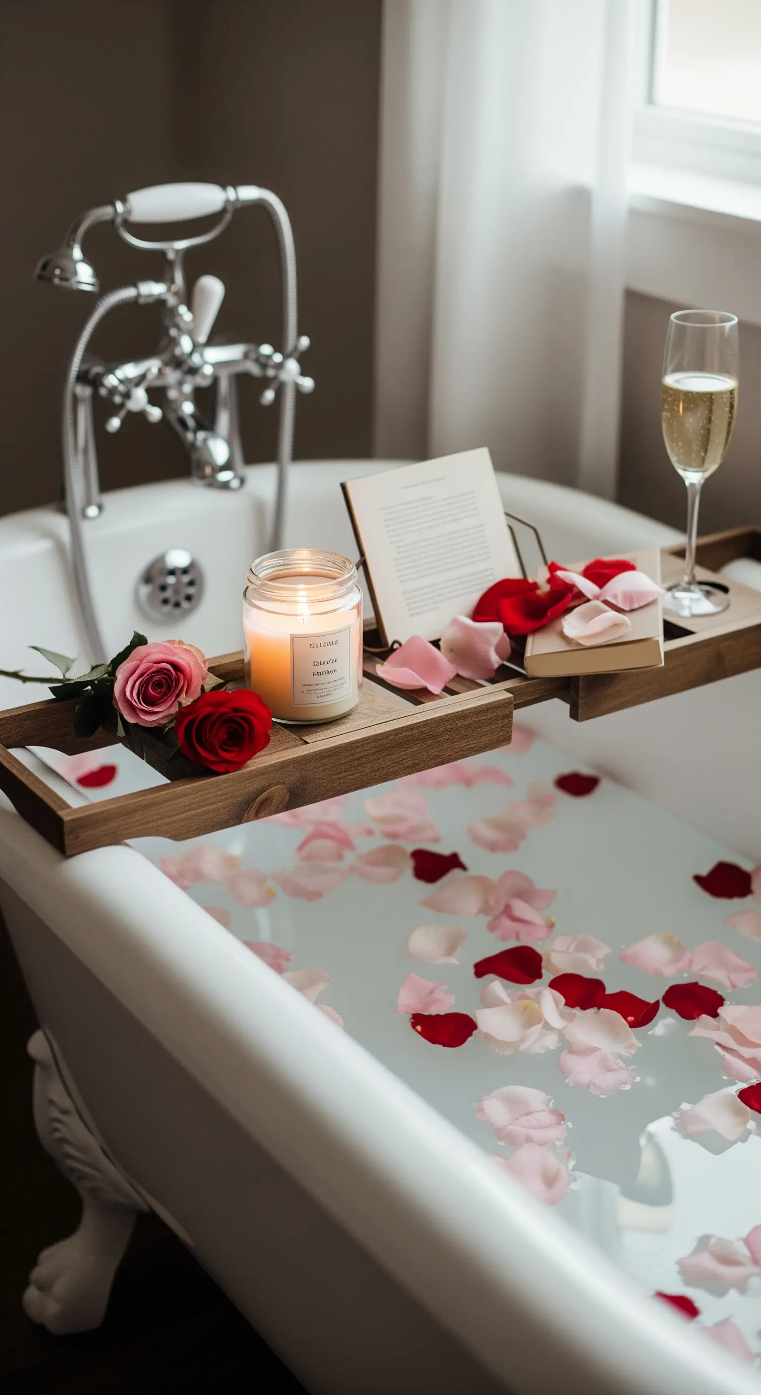 Badewanne mit Holzablage, Kerze, Buch, Sekt und Rosenblättern im Wasser.