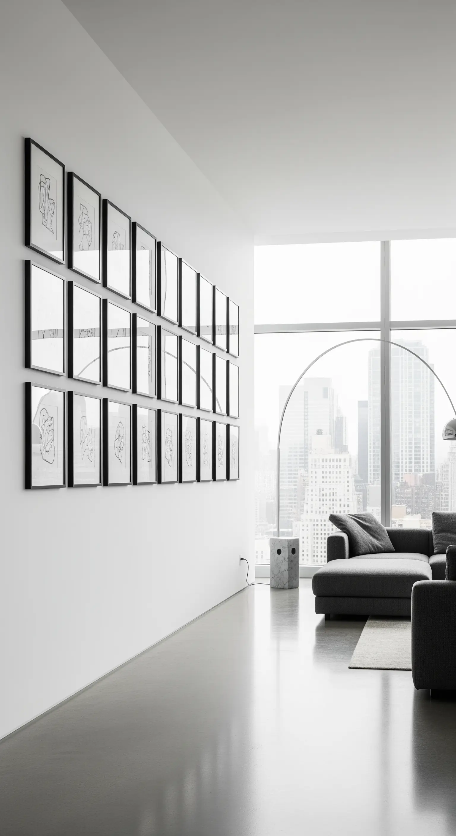 Eine präzise Gitterhängung mit schwarzen Rahmen und Line-Art-Grafiken in einem minimalistischen Loft.