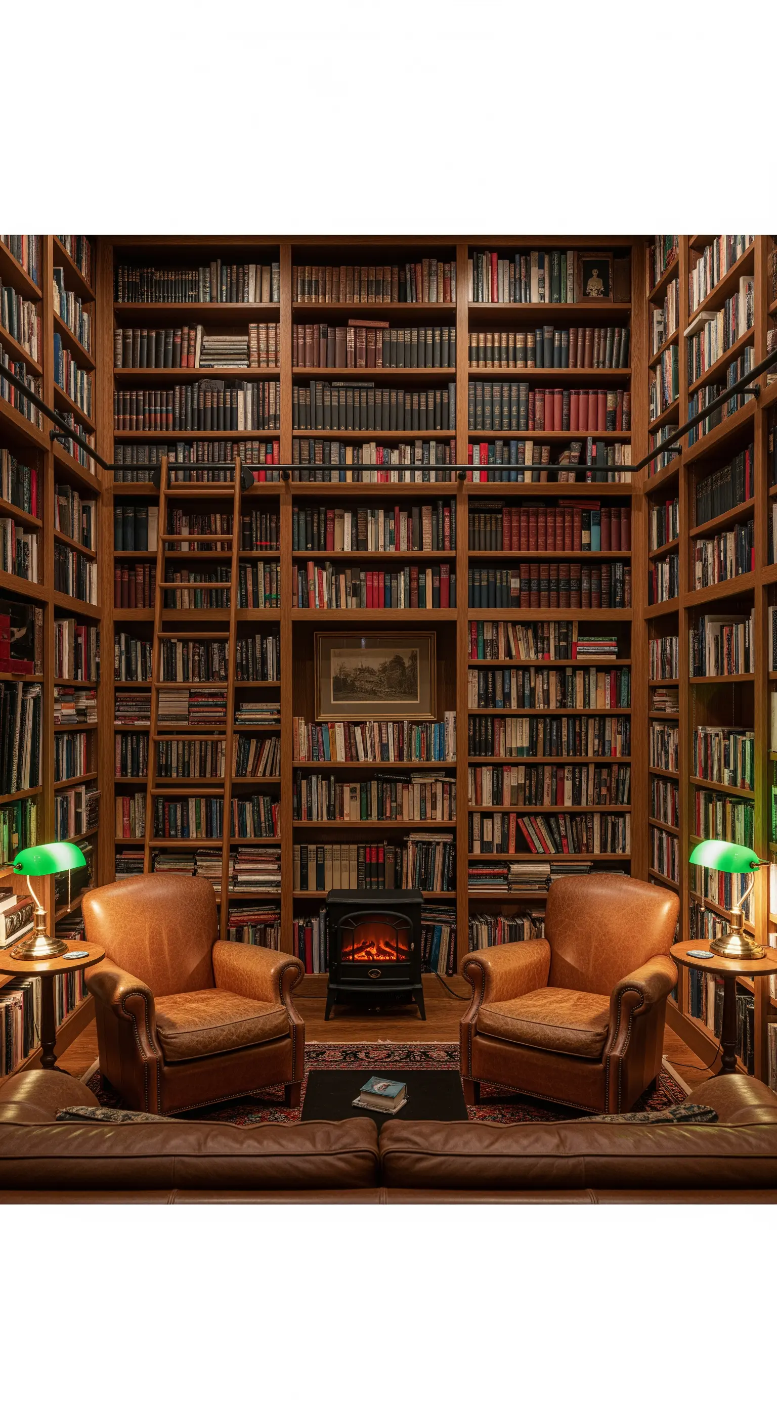 Eine gemütliche Heimbibliothek mit deckenhohen Regalen, zwei Ledersesseln und grünen Tischlampen.