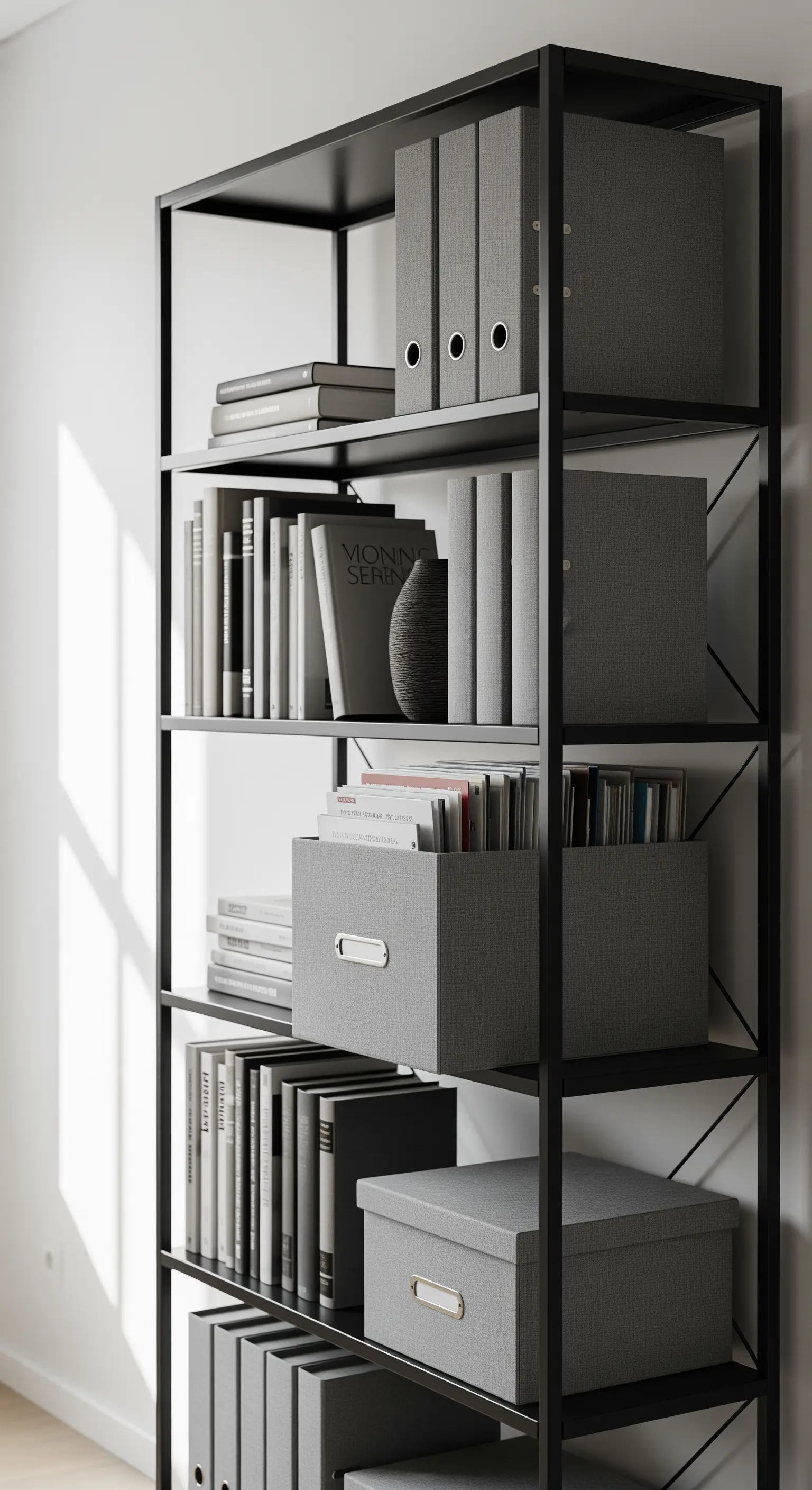 Schwarzes Metallregal mit einheitlichen grauen Stoffboxen und Ordnern für organisierte Aufbewahrung.