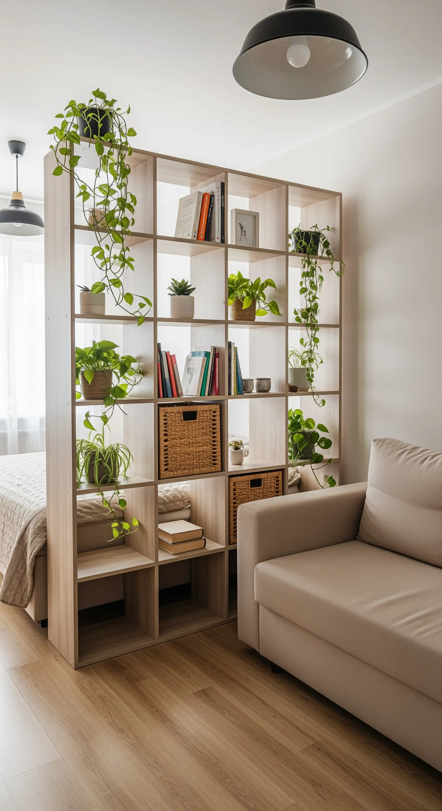 Ein hohes, offenes Regal dient als Raumteiler und ist mit Pflanzen und Büchern gefüllt.