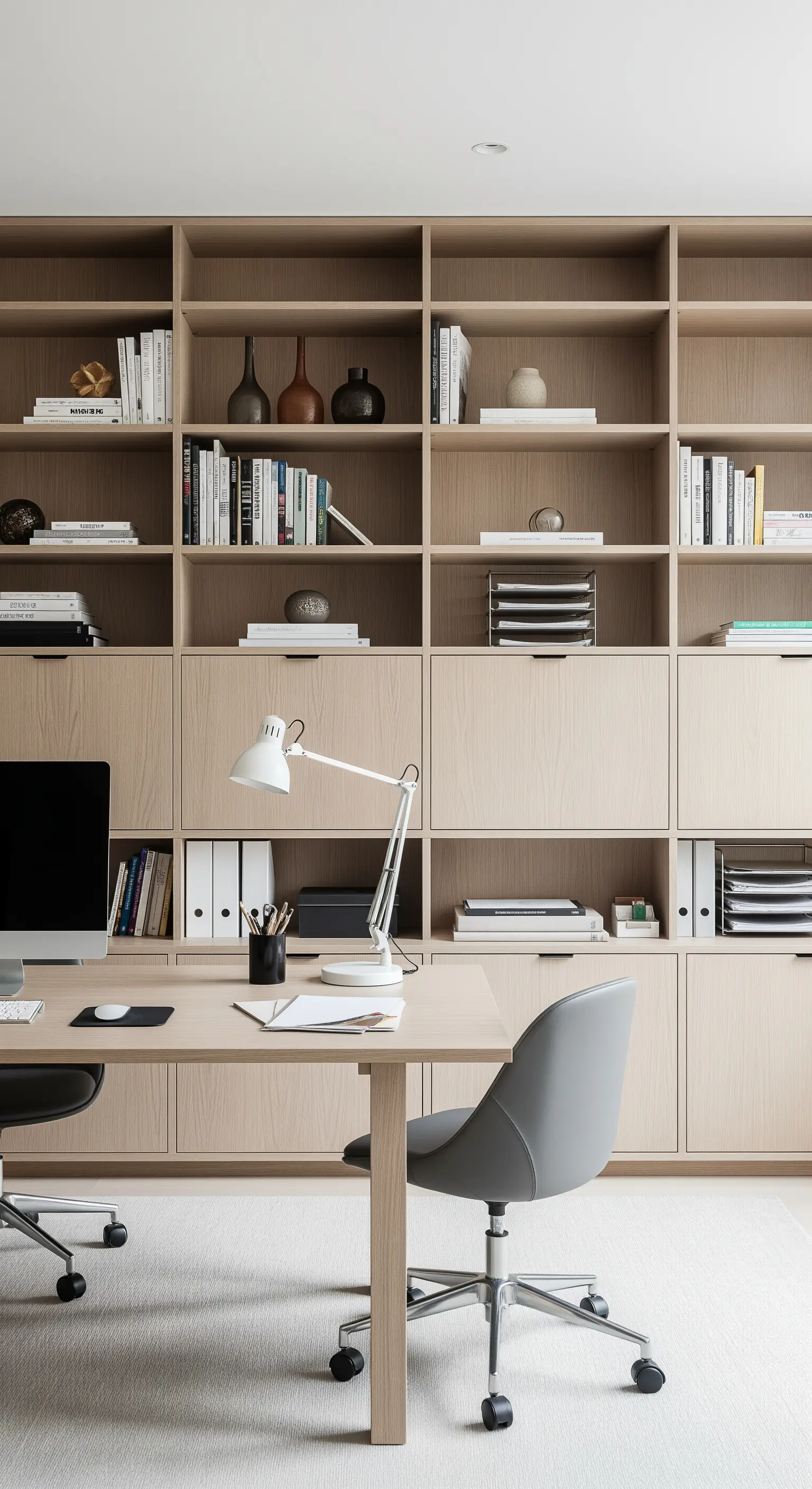 Homeoffice mit großem Holzregal, das offene Fächer oben und geschlossene Schränke unten hat.