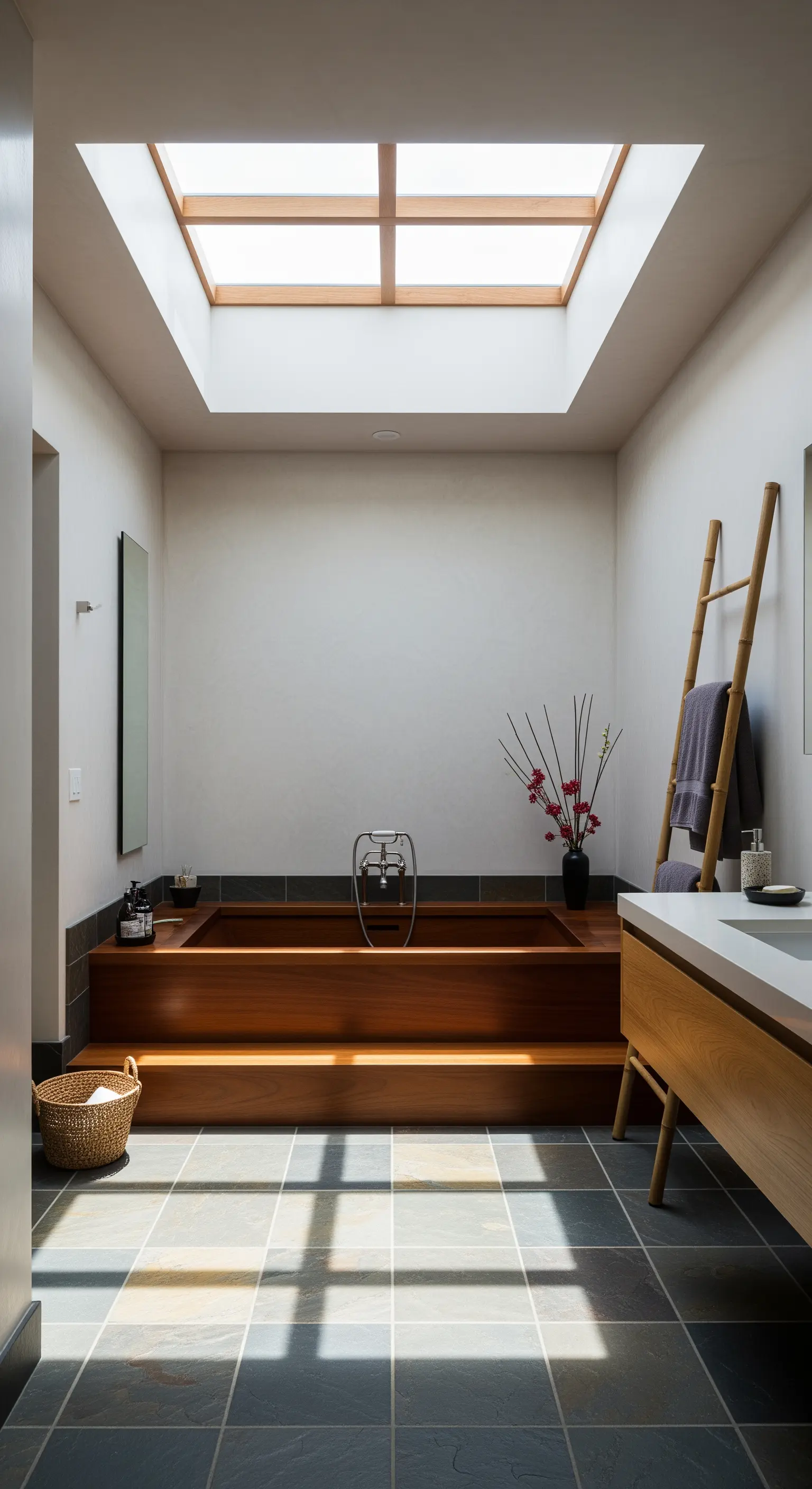 Japanisch inspiriertes Badezimmer mit eingelassener Holzbadewanne unter einem quadratischen Dachfenster.