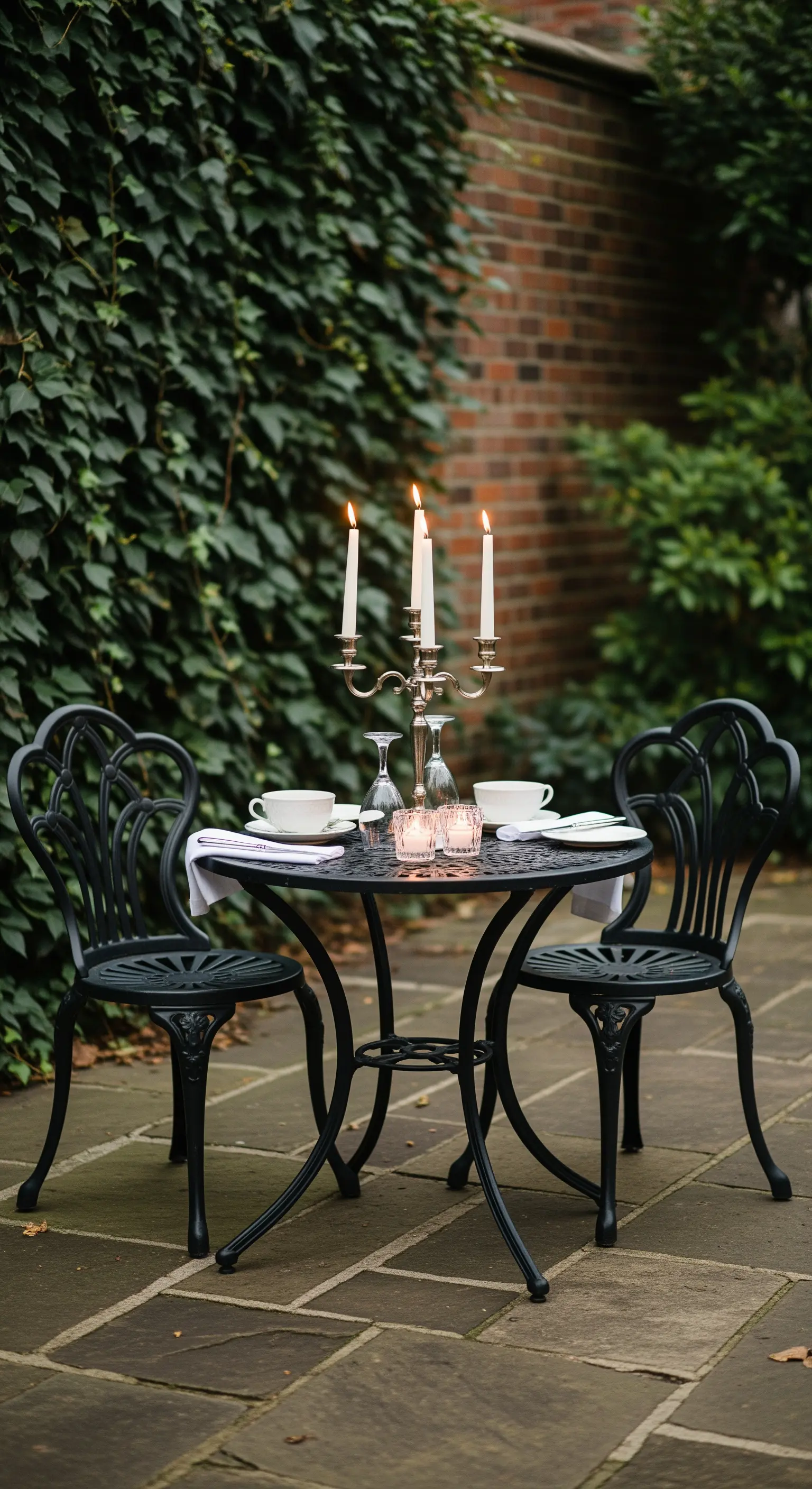 Ein eleganter Silberkerzenleuchter mit brennenden Kerzen auf einem kleinen Bistrotisch für zwei Personen.