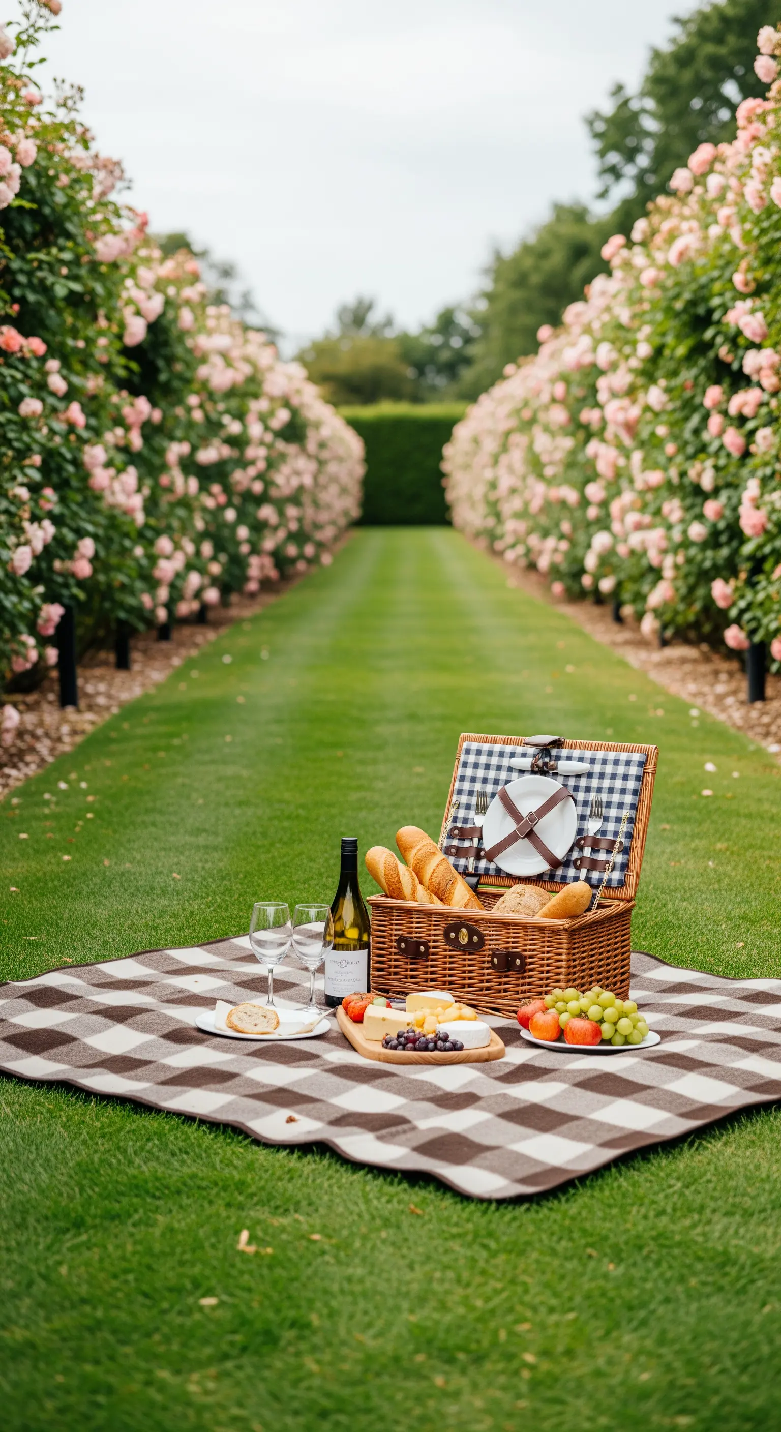 Picknickdecke mit Korb, Wein und Käse auf einem Rasen zwischen Rosenreihen