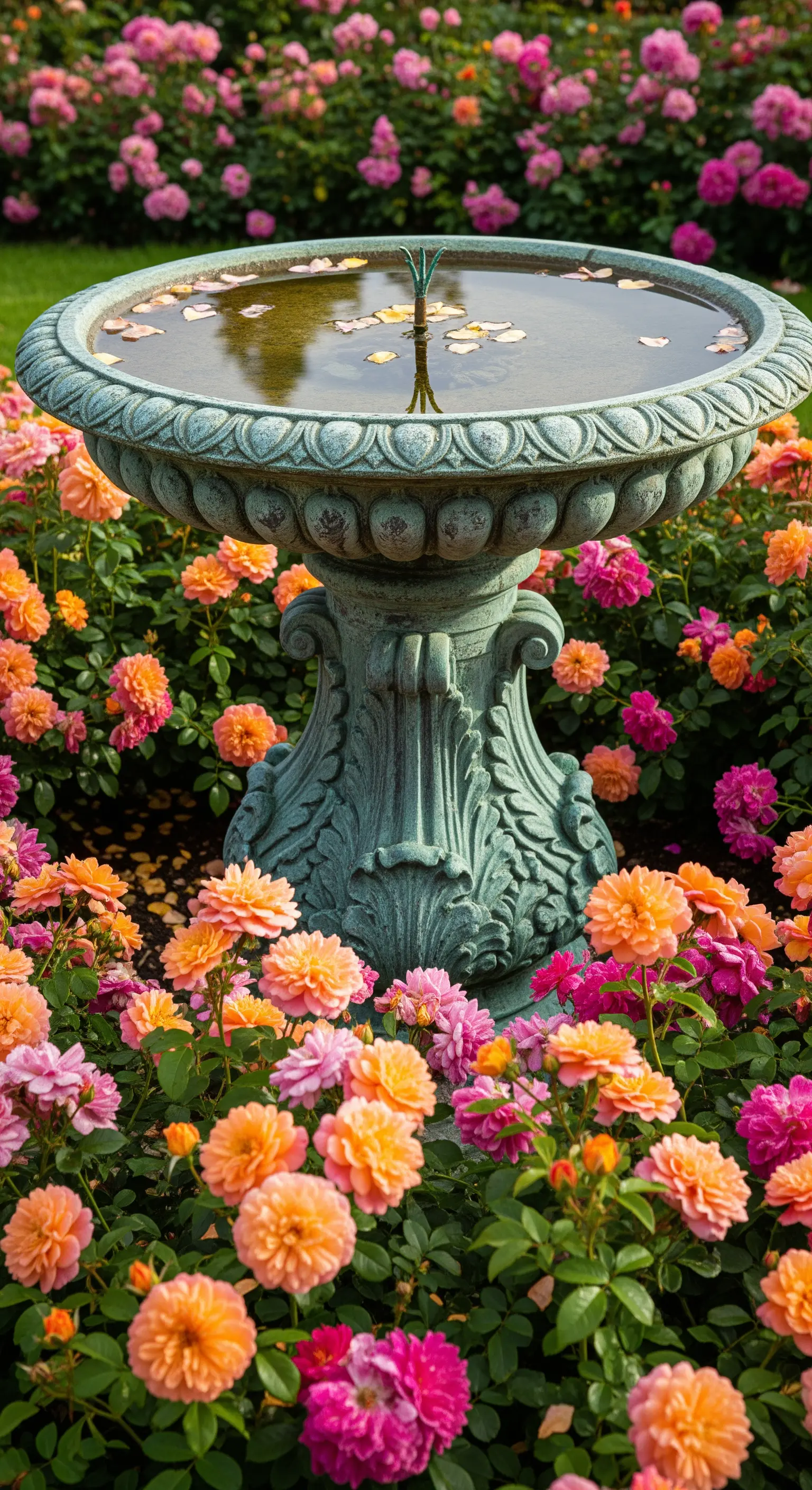 Vogelbad aus Stein, umgeben von einem Meer aus orangefarbenen und rosa Rosen