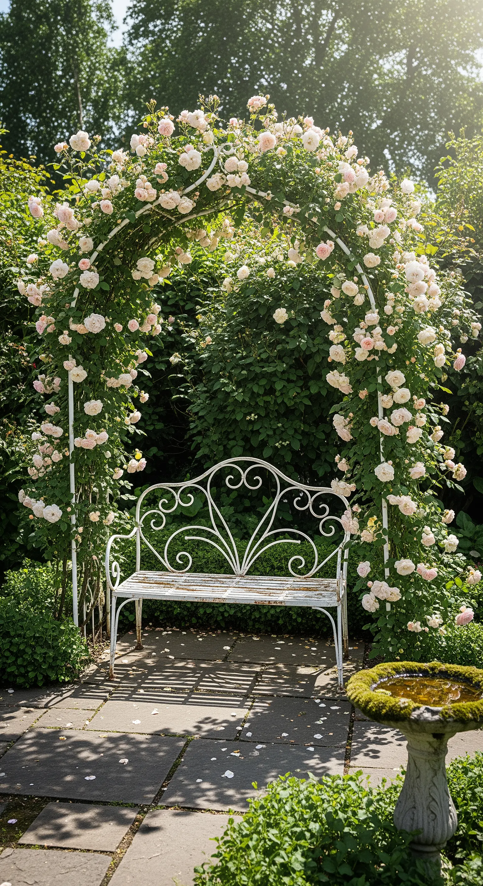 Weiße Gartenbank unter einem Bogen aus zartrosa Kletterrosen in einem sonnigen Garten.