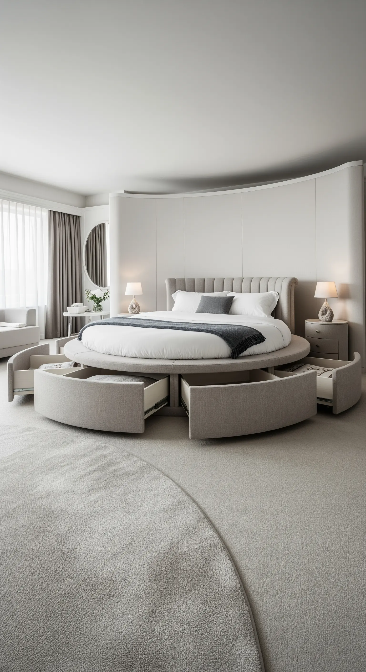 Luxuriöses rundes Bett mit ausziehbaren Schubladen, die in die Basis integriert sind.