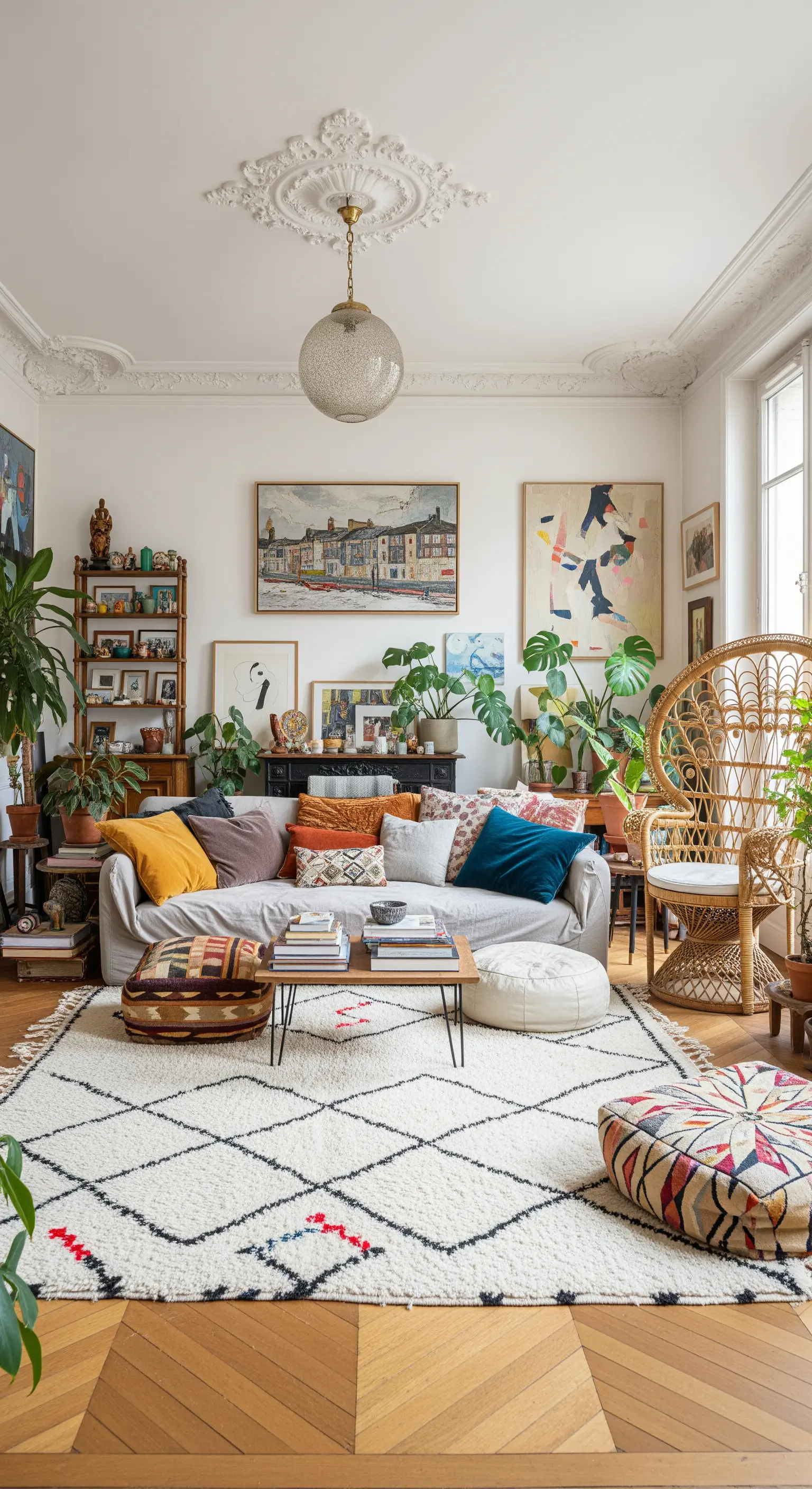 Buntes, eklektisches Wohnzimmer mit vielen Kissen, Bildern, Pflanzen und einem Rattan-Sessel.