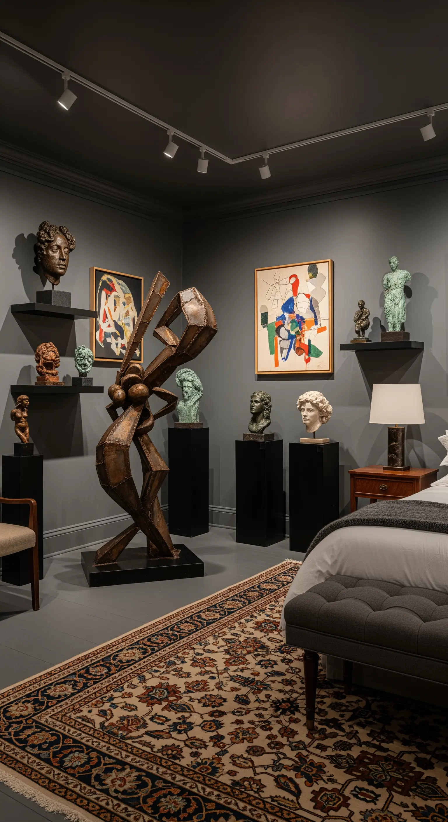 Schlafzimmer als Kunstgalerie mit diversen Skulpturen auf Podesten und Regalen.