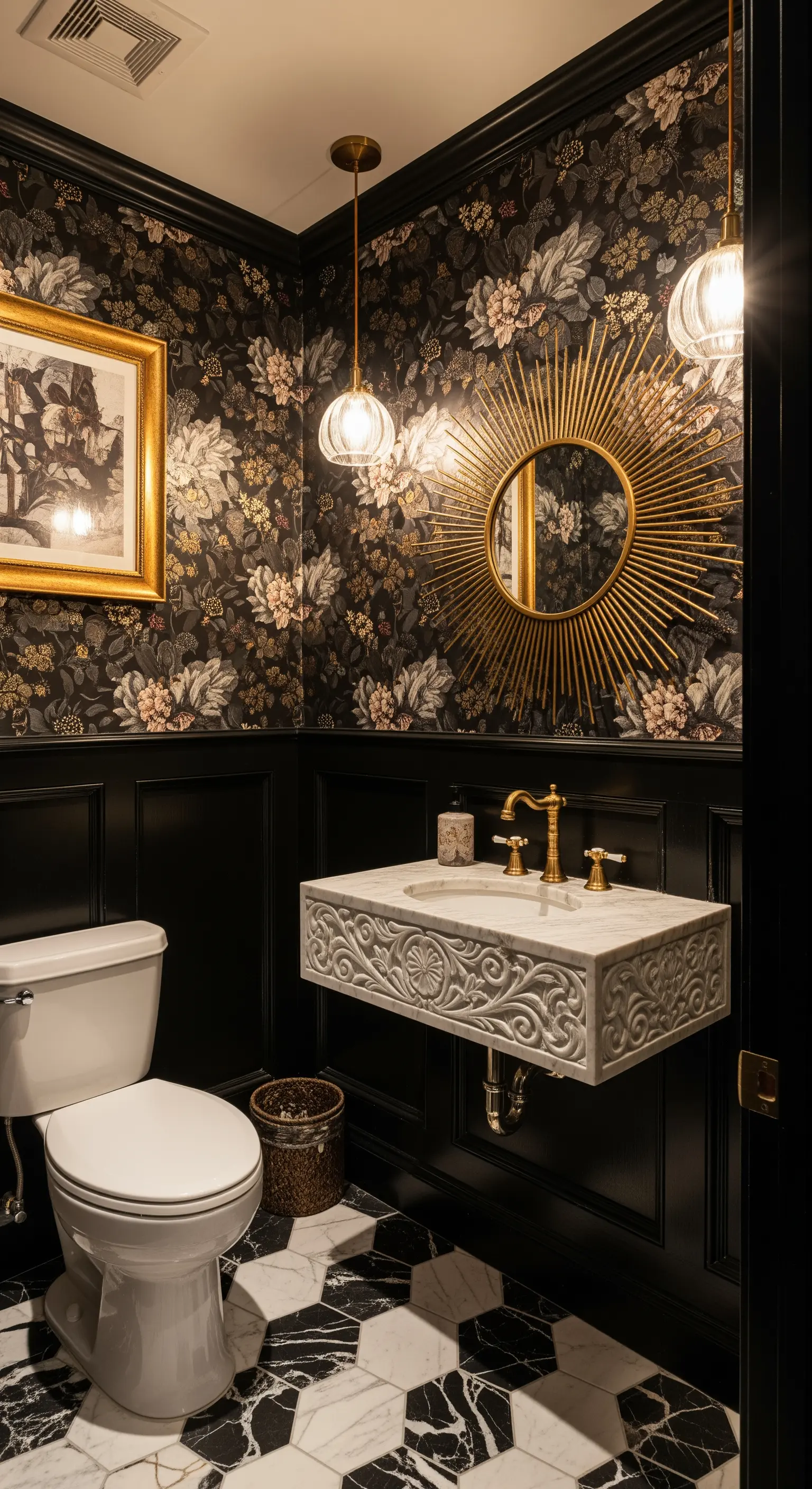 Gästetoilette mit floraler Tapete, schwarzer Vertäfelung und goldenem Sonnen-Spiegel.