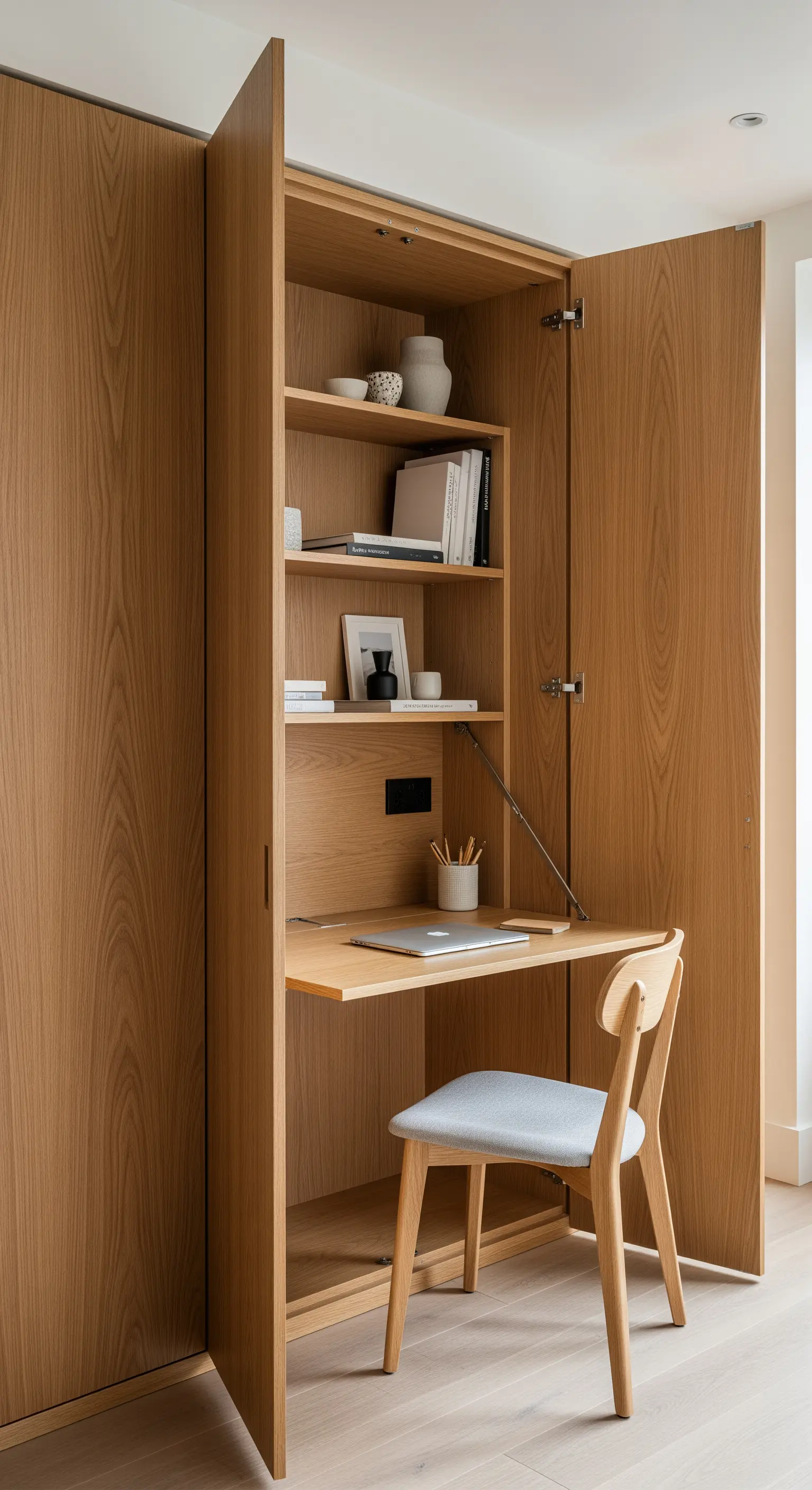 Ein im Kleiderschrank versteckter Arbeitsplatz mit ausklappbarer Tischplatte und Regalen.