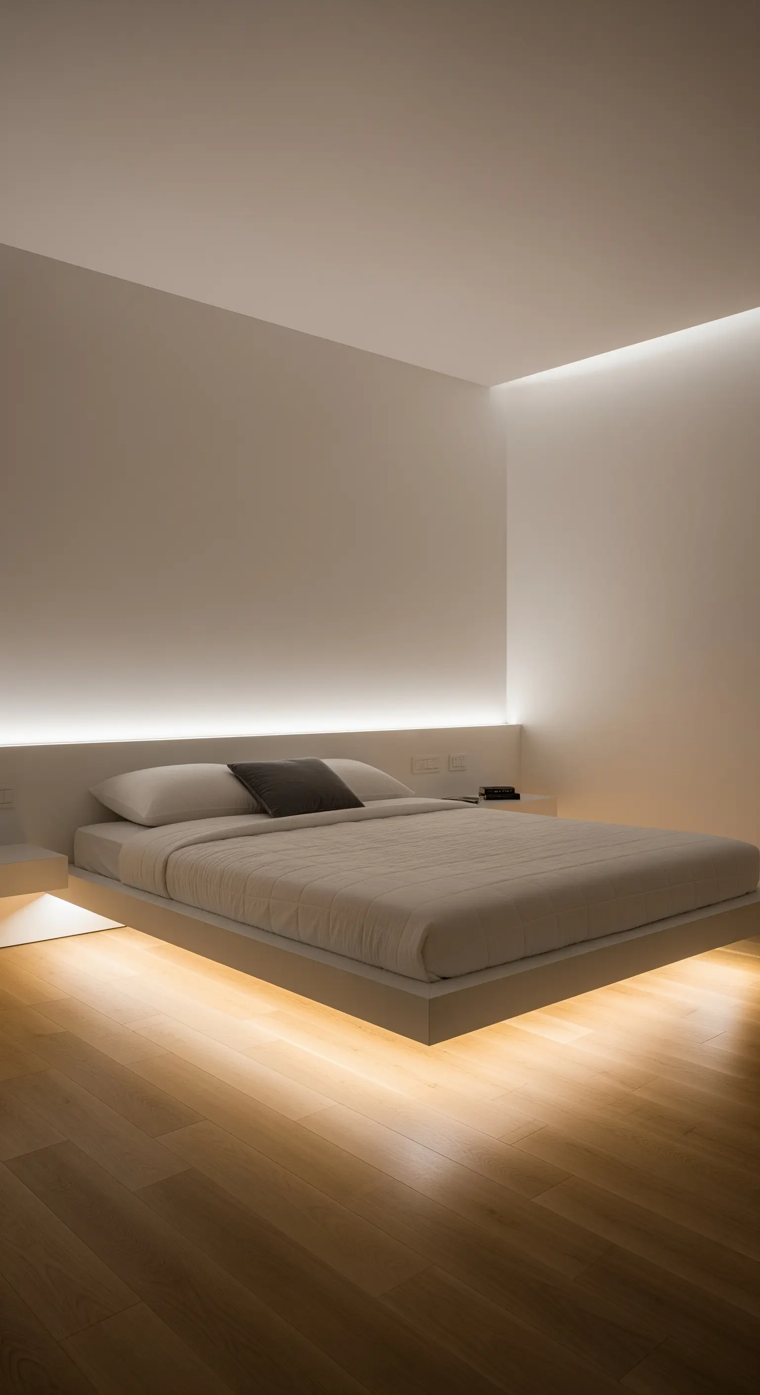 Minimalistisches Schlafzimmer mit einem schwebenden Bett, das von unten beleuchtet wird.
