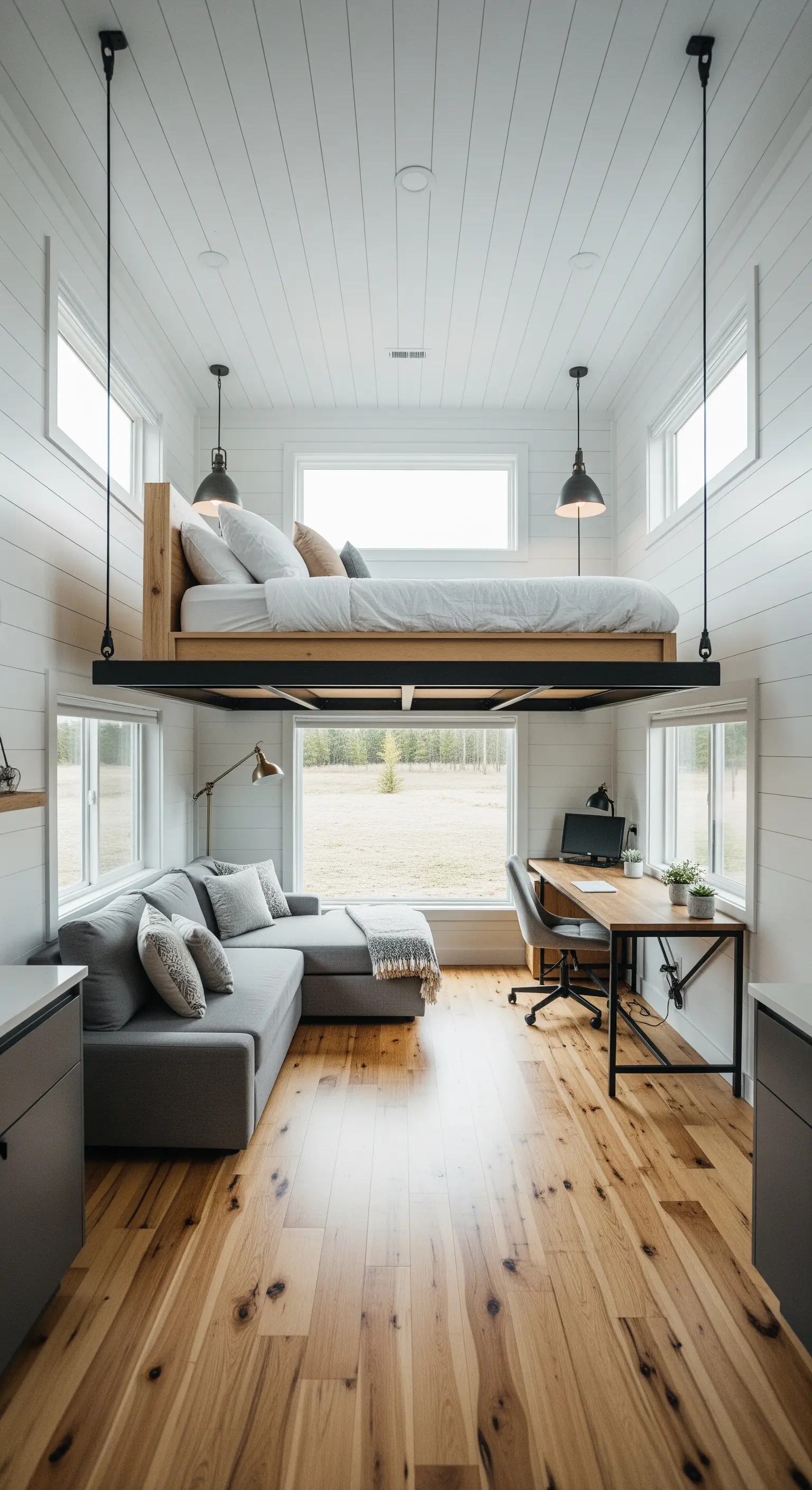 Schwebendes Loft-Bett, das von der Decke hängt und Platz für einen Schreibtisch schafft.