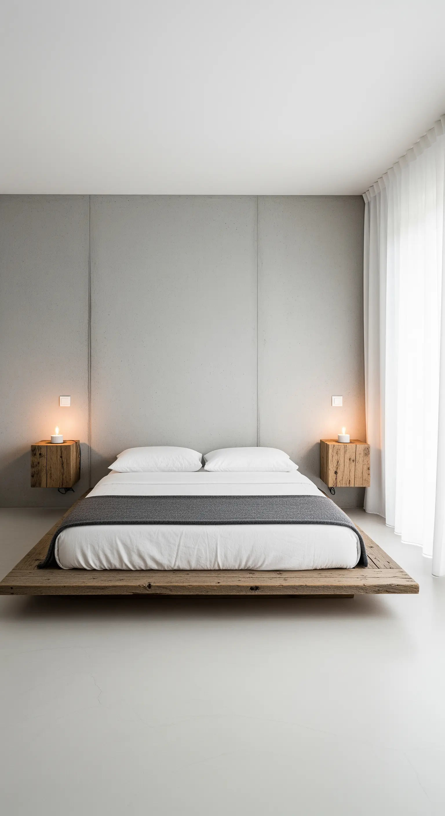 Schlafzimmer mit schwebendem Holzbett vor einer Betonwand.