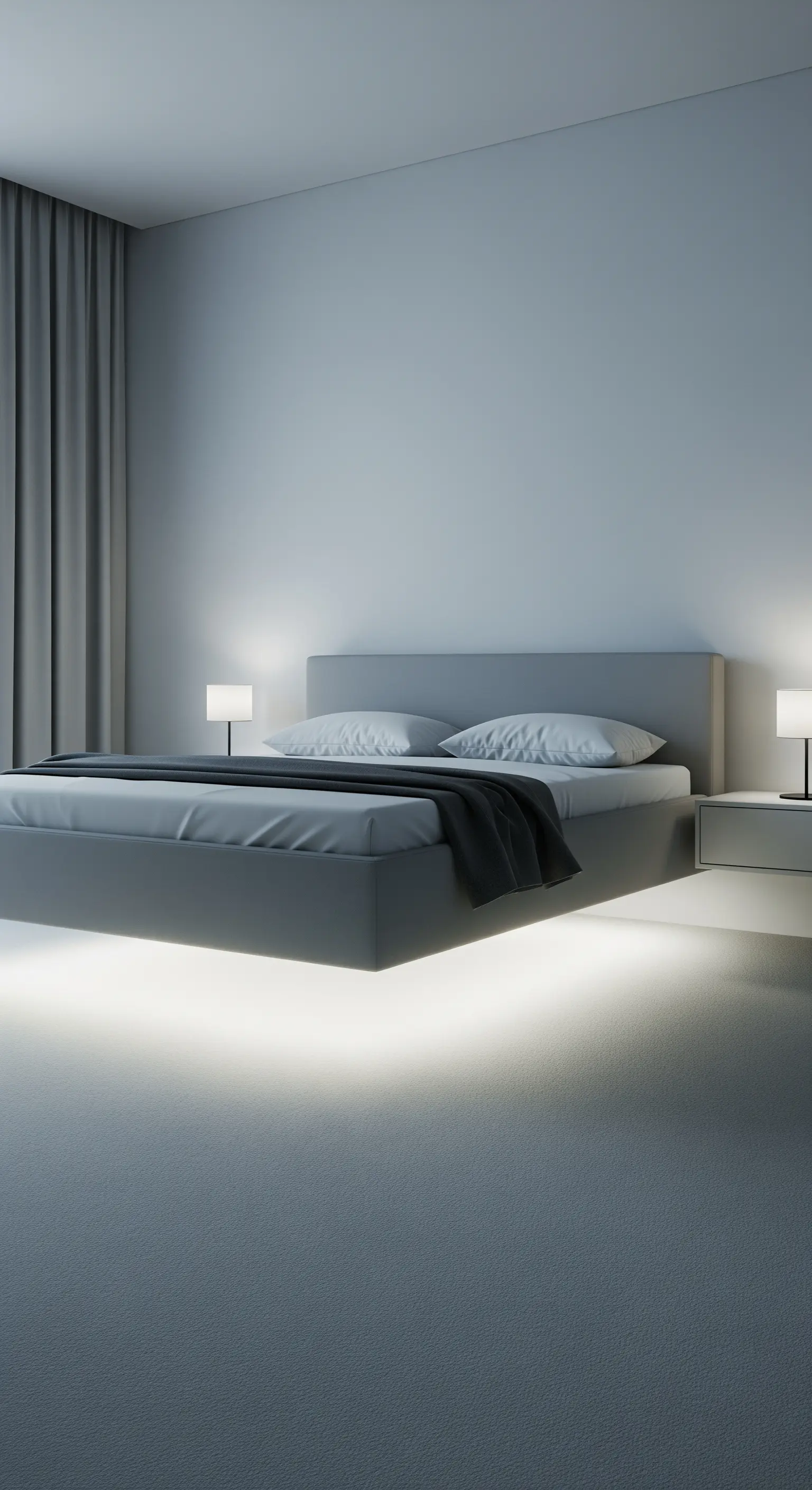 Minimalistisches Bett mit warmer LED-Unterbodenbeleuchtung, das zu schweben scheint.