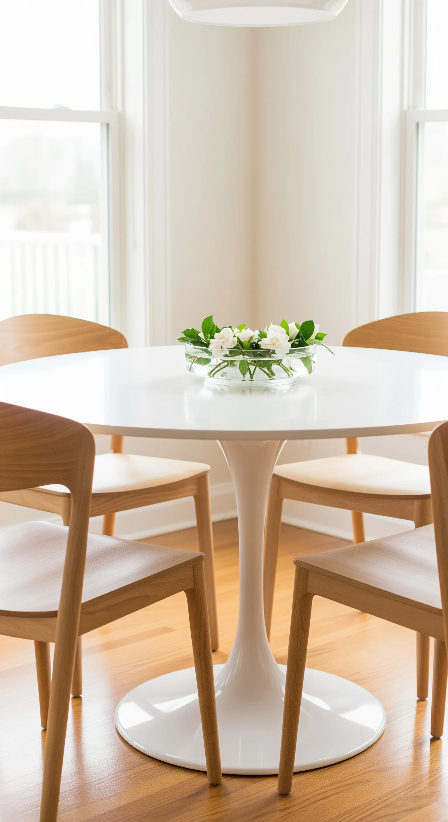 Moderner Esstisch mit einer flachen Glasschale und weißen Rosen als Centerpiece.