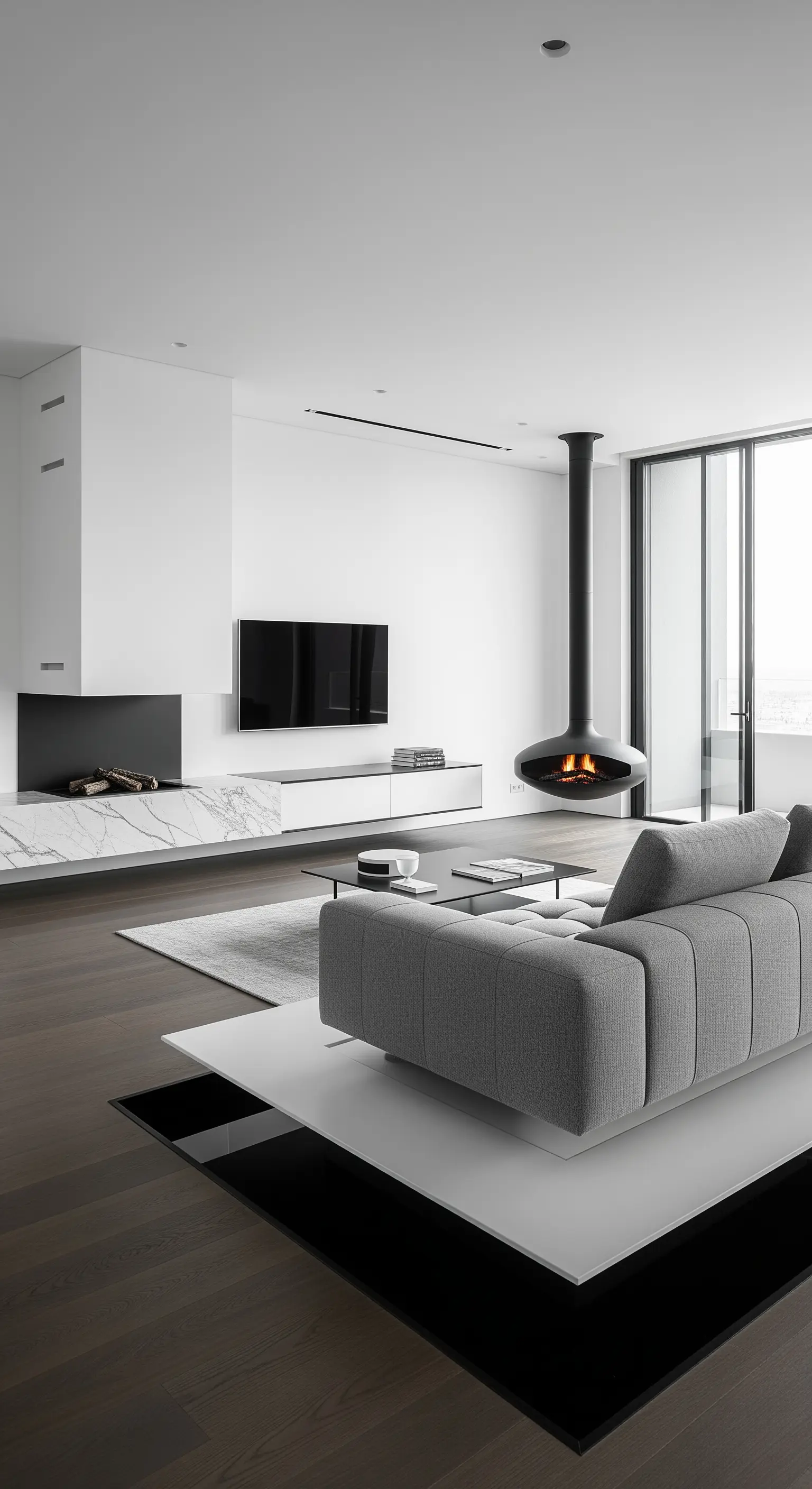 Minimalistisches Wohnzimmer mit einem von der Decke hängenden, schwarzen Kamin.