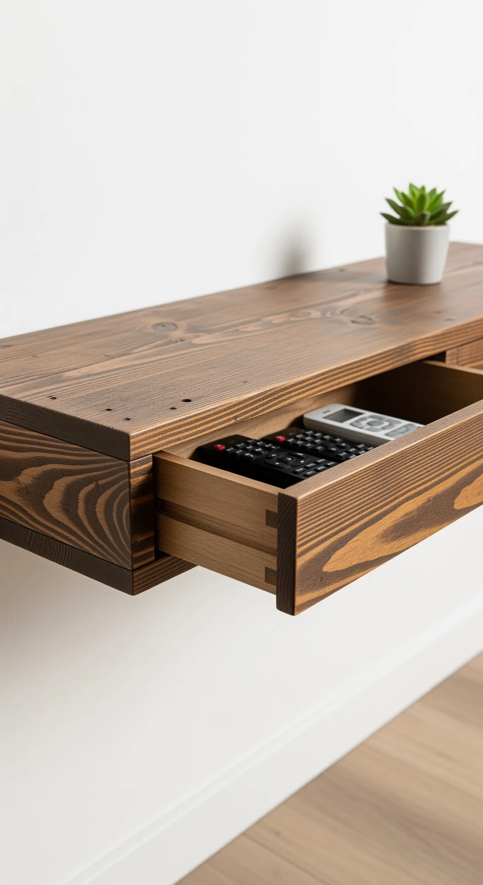 Kleines schwebendes Holzregal mit einer versteckten Schublade für Fernbedienungen.