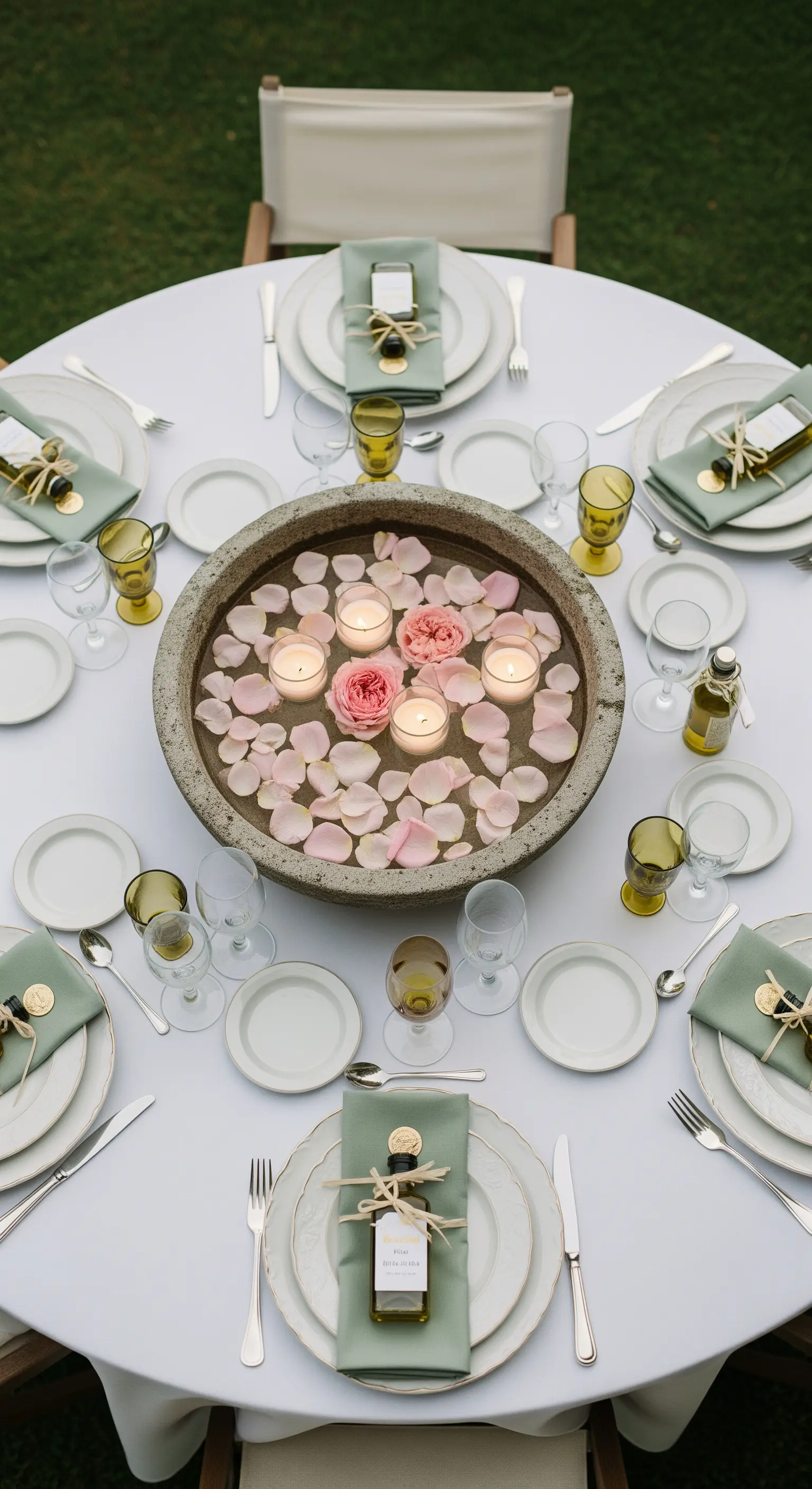Runder Tisch mit einer Steinschale als Centerpiece, gefüllt mit Wasser, Rosenblättern und Schwimmkerzen
