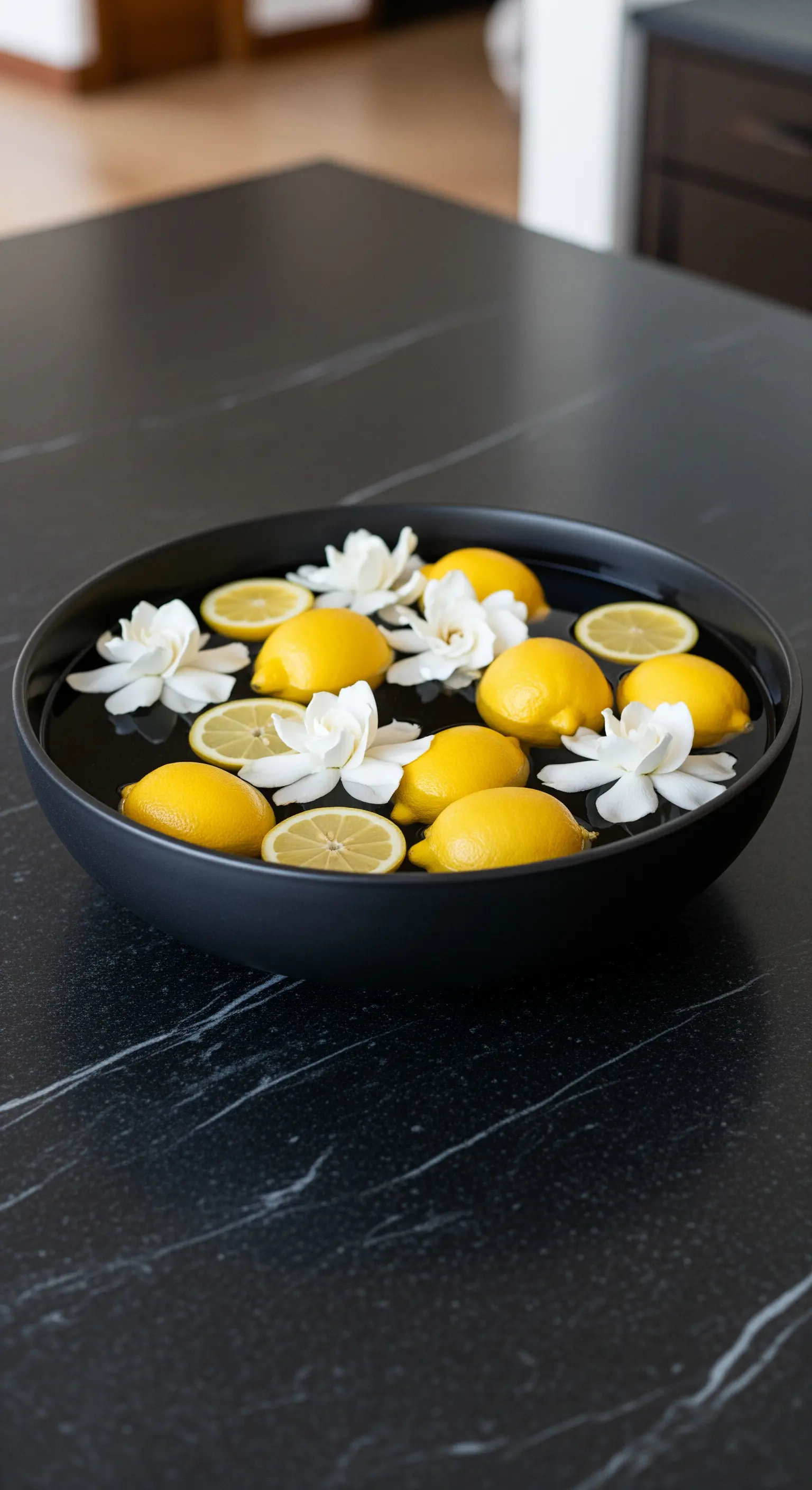 Eine flache schwarze Schale gefüllt mit Wasser, in dem Zitronen und weiße Blüten schwimmen.