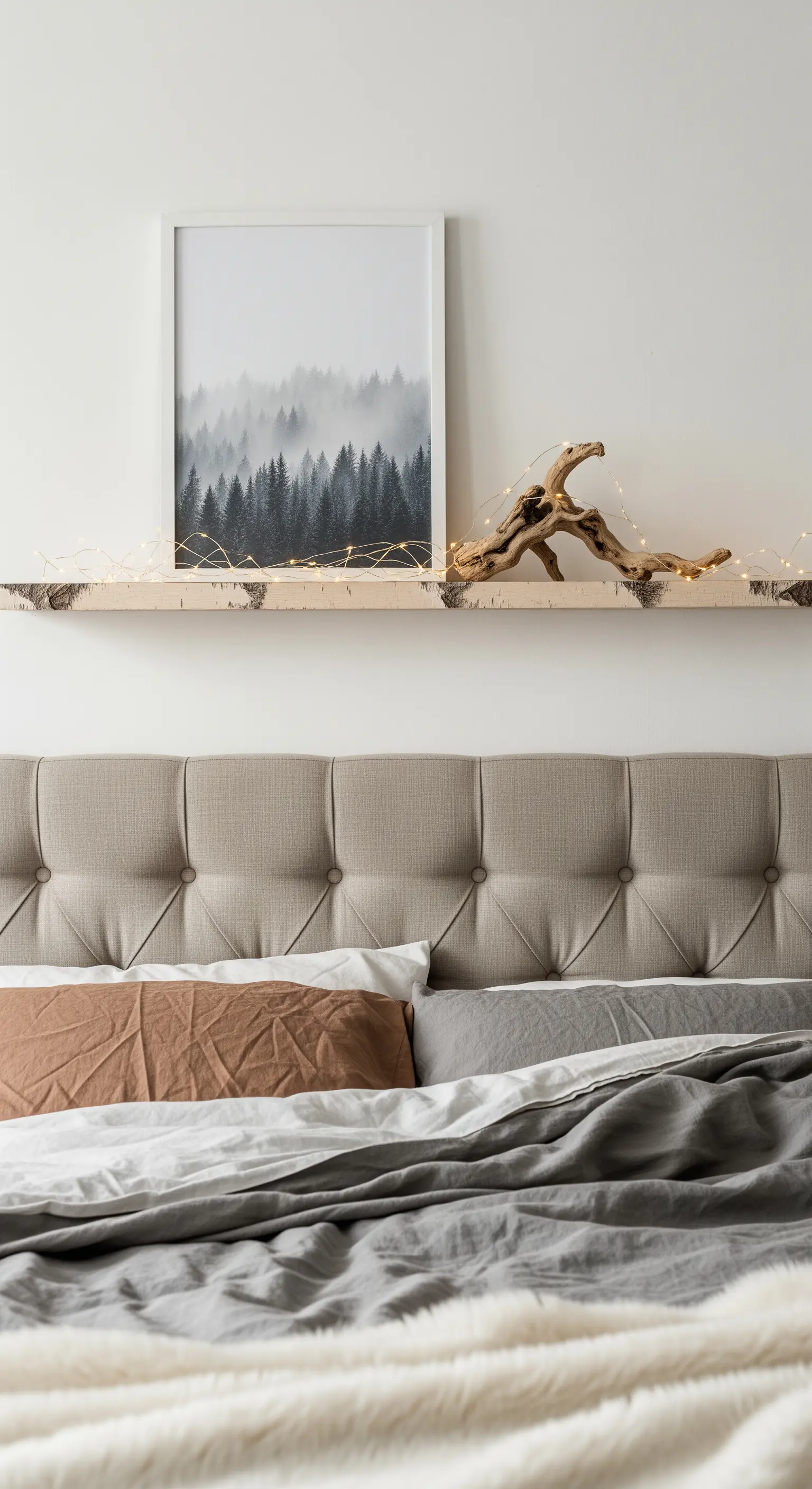 Regal über einem Bett mit einem Waldbild, Treibholz und einer Lichterkette.
