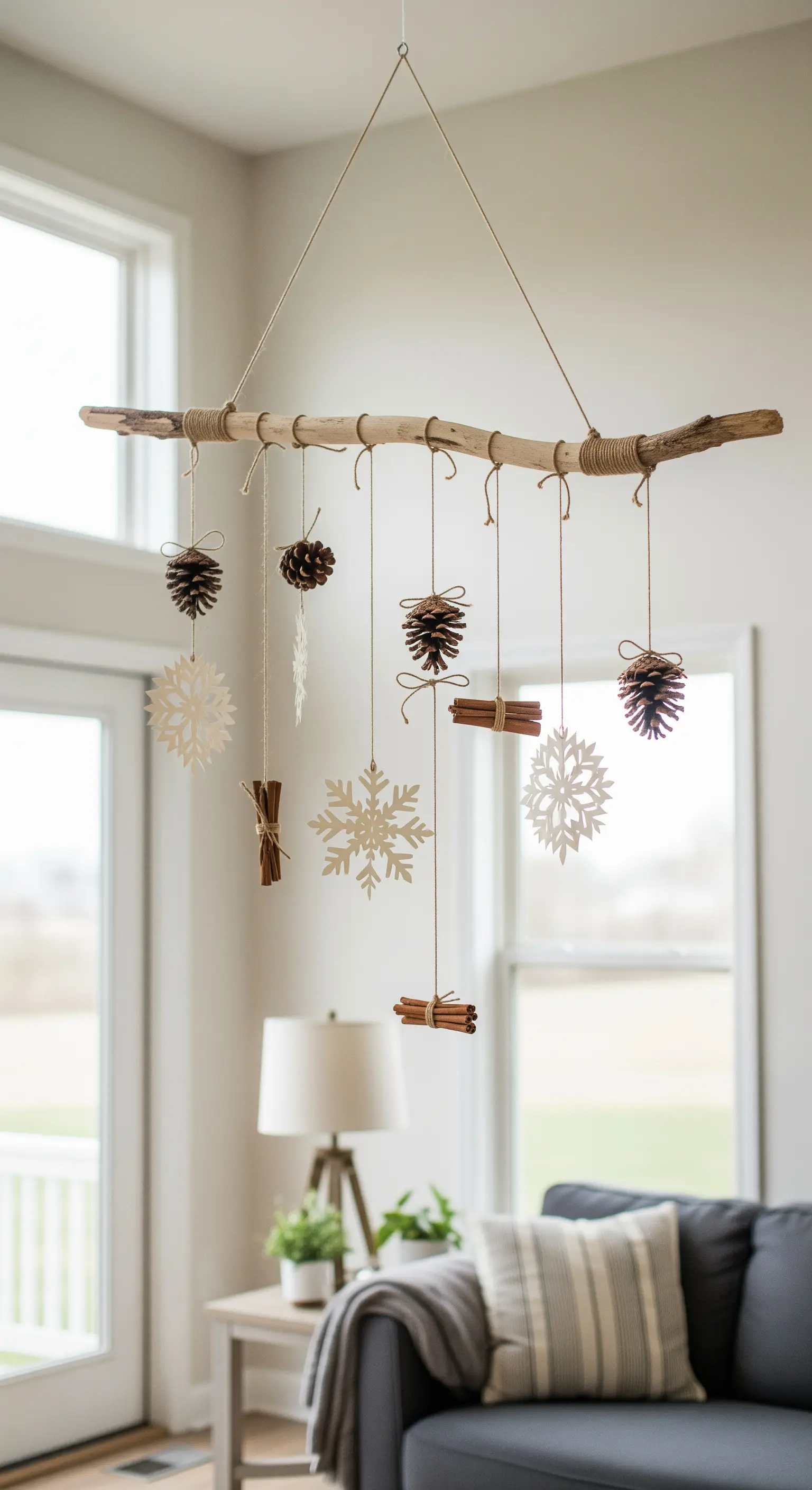DIY-Mobile aus einem Ast, an dem Tannenzapfen, Zimtstangen und Papierschneeflocken hängen.