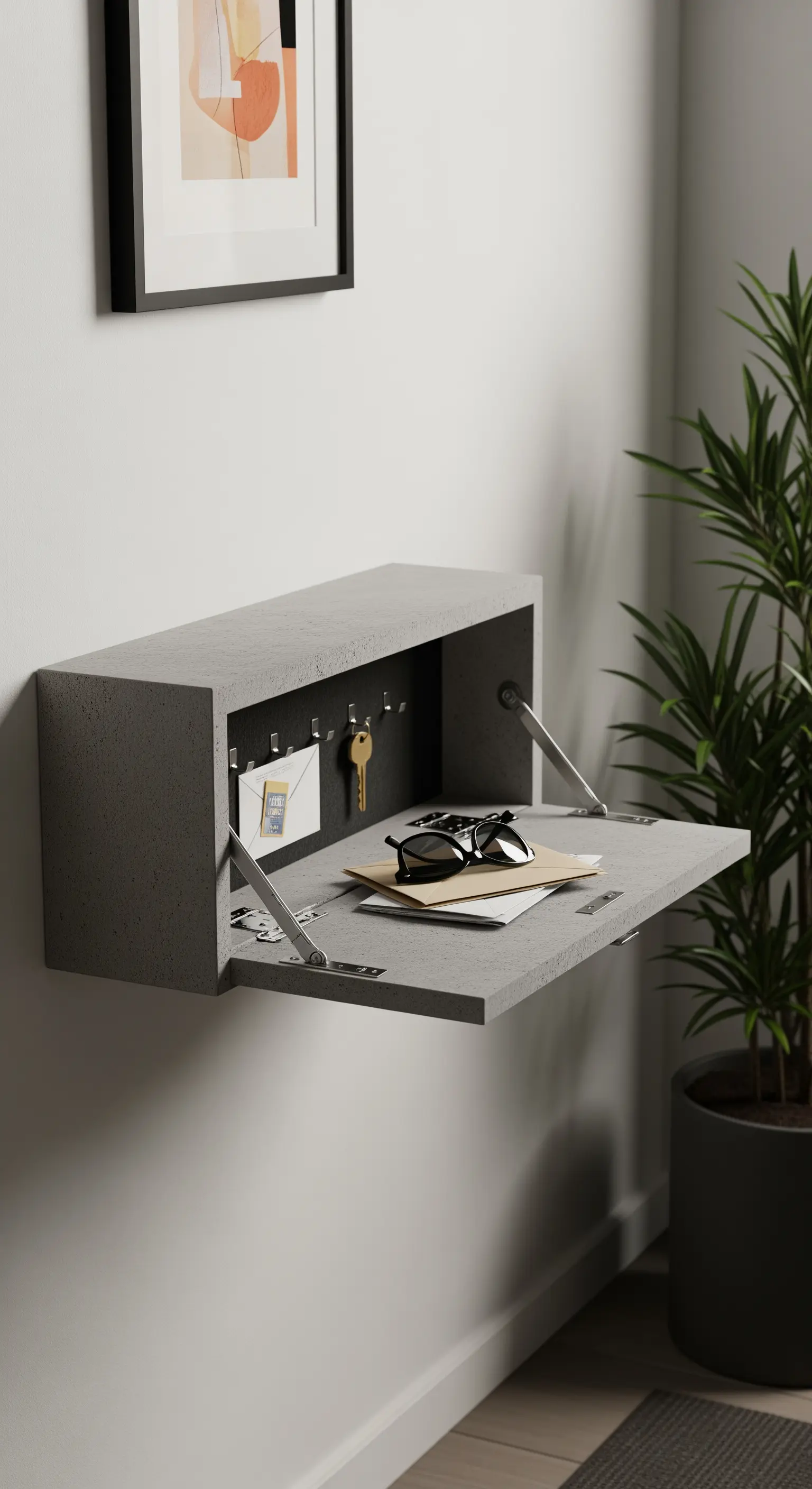 Schwebender Betonschrank an der Wand, der sich zu einer kleinen Ablage ausklappen lässt.