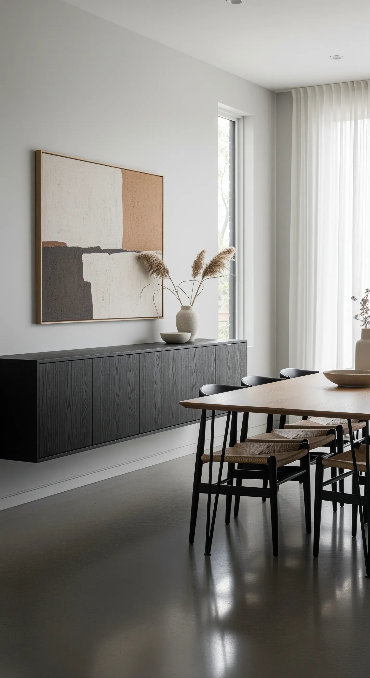 Ein langes, schwarzes, an der Wand montiertes Sideboard in einem minimalistischen Esszimmer.