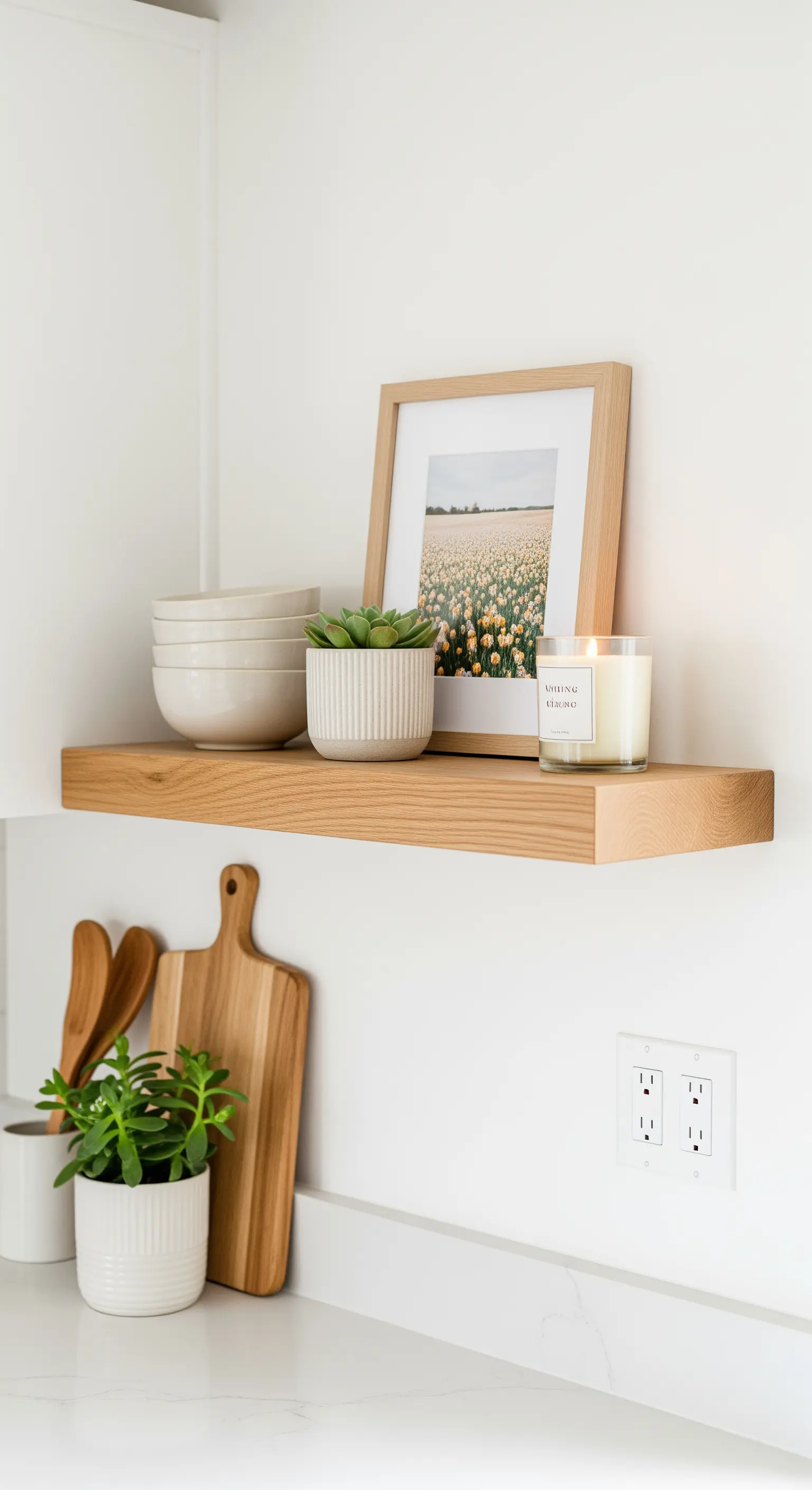 Ein Holz-Schwebe-Regal, dekoriert mit einer Kerze, Pflanze, einem Bild und Schalen