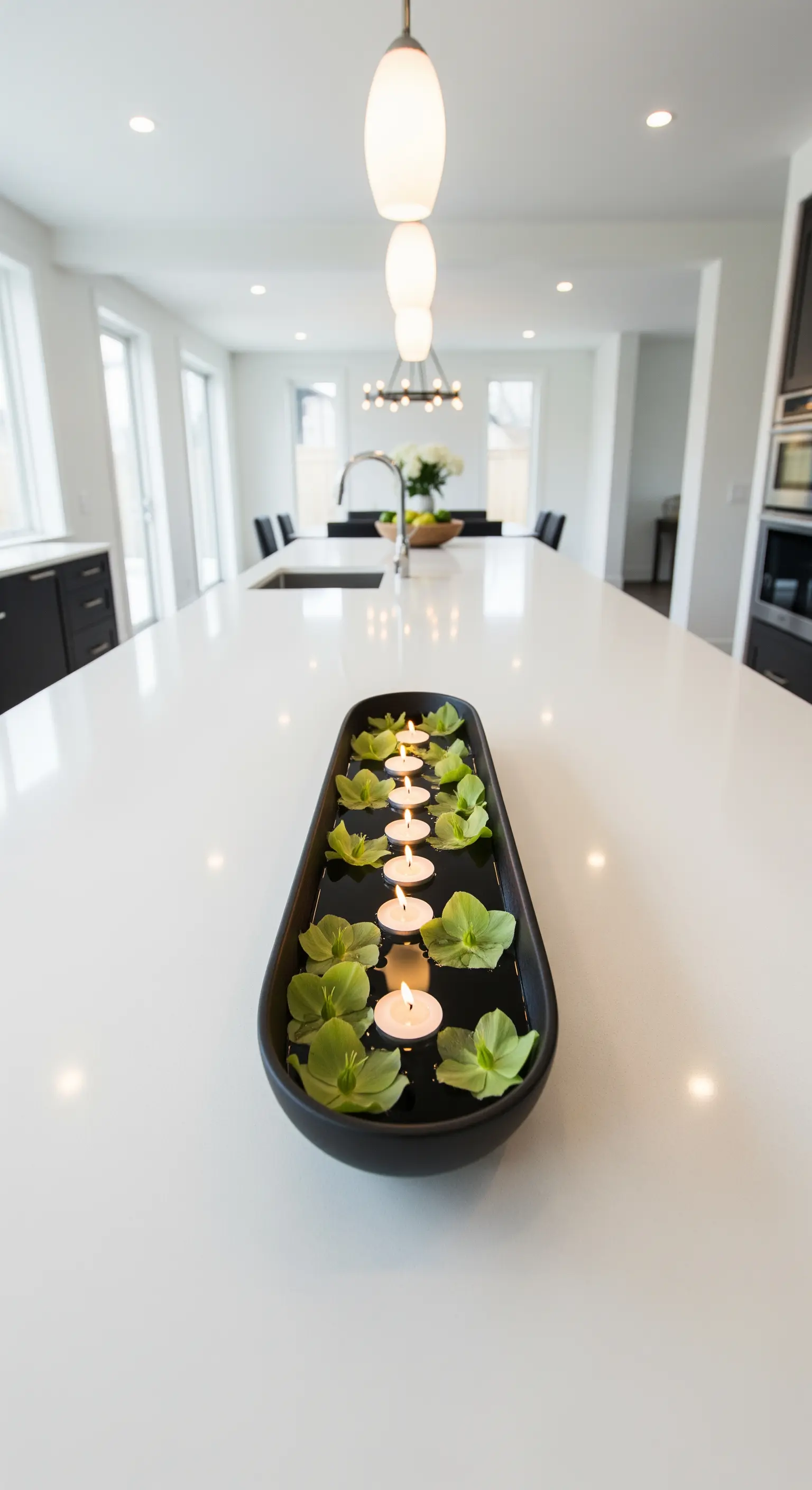 Lange, schwarze Schale auf einer weißen Arbeitsplatte mit schwimmenden Teelichtern und grünen Blättern.