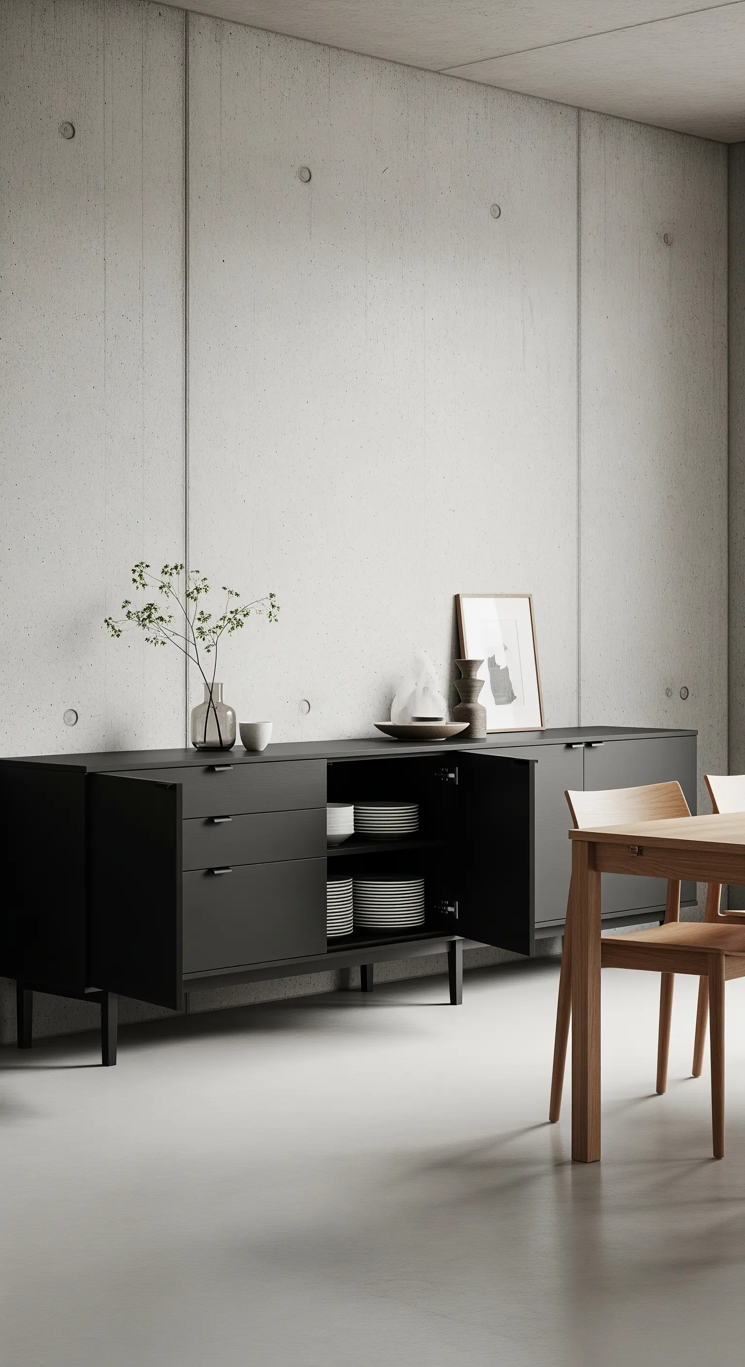 Schwarzes minimalistisches Sideboard vor einer Betonwand, das Geschirr verbirgt.
