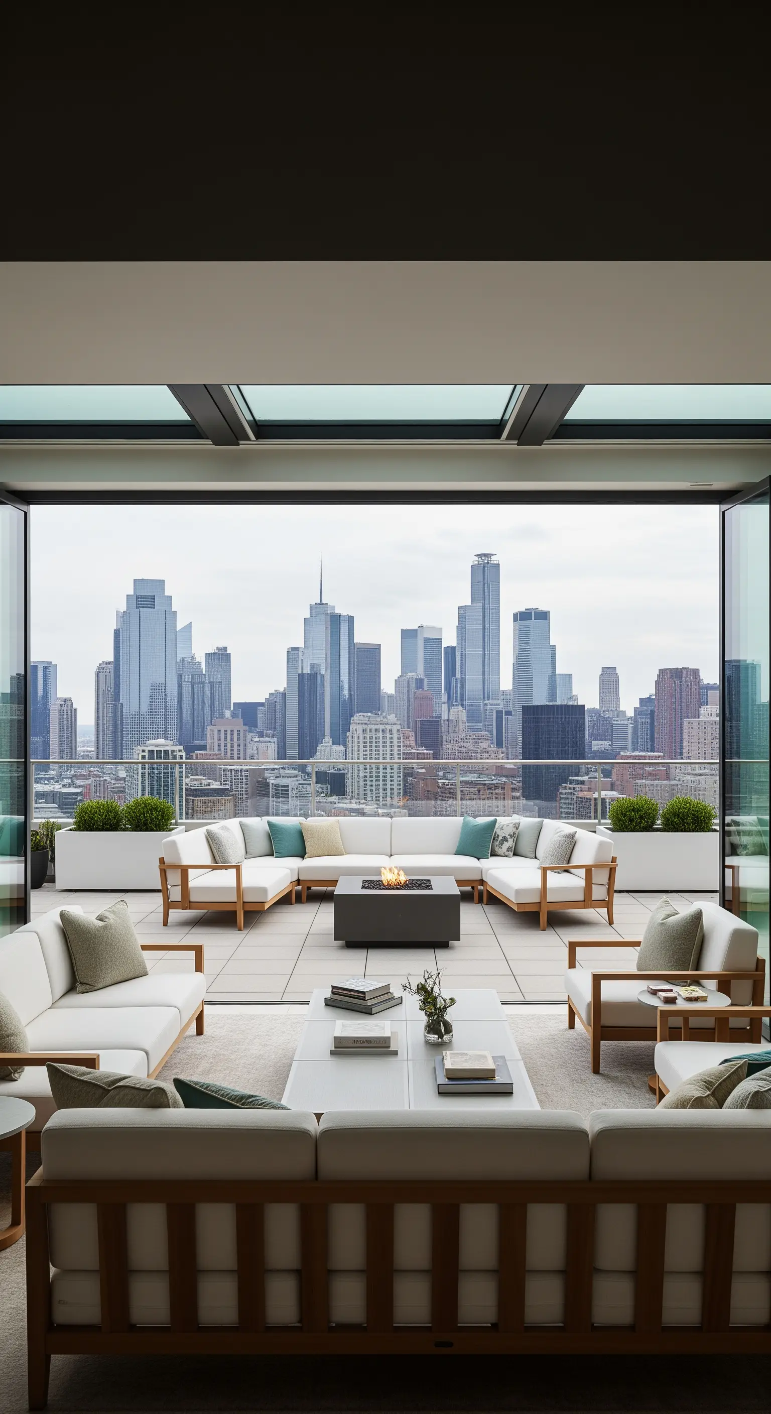 Dachterrasse mit weißen Loungemöbeln, Feuerstelle und Blick auf die Skyline.