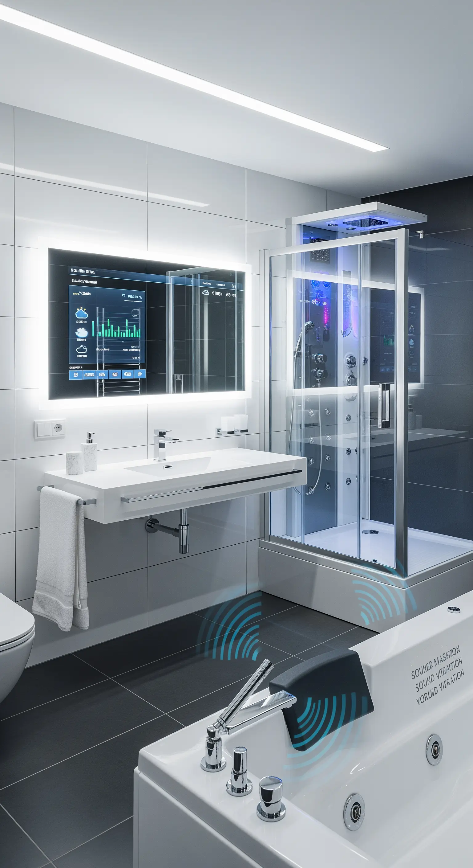 Hochmodernes Badezimmer mit Smart Mirror, Hightech-Dusche und integrierter Sound-Technologie