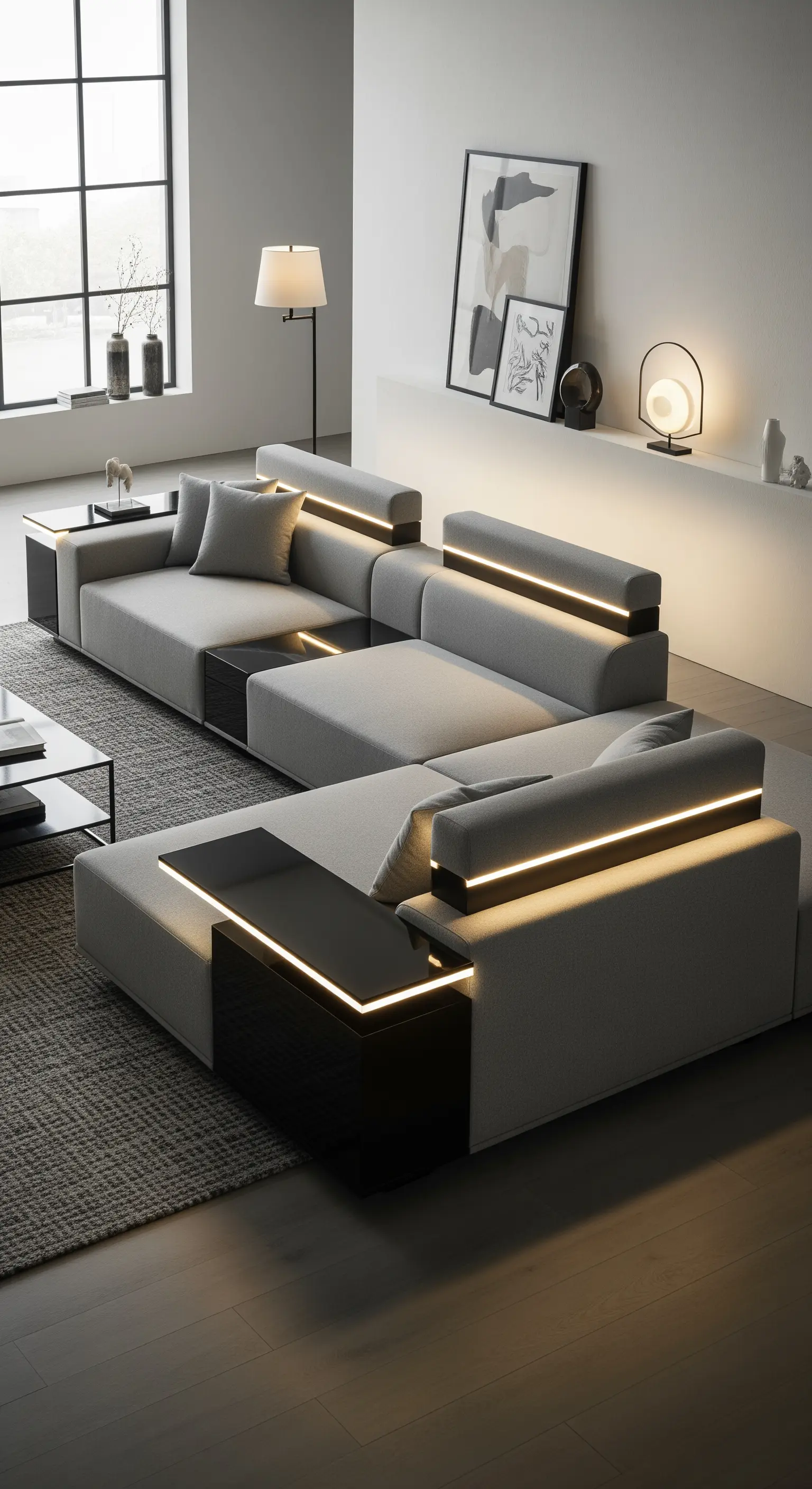 Modernes graues Sofa mit integrierten LED-Leuchten in den Arm- und Rückenlehnen